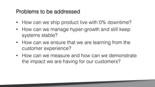 •  How can we ship product live with 0% downtime?!
•  How can we manage hyper-growth and still keep
systems stable?!
•  How can we ensure that we are learning from the
customer experience?!
•  How can we measure and how can we demonstrate
the impact we are having for our customers?!
Problems to be addressed!
 