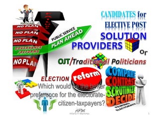 /
Hilario P. Martinez 1
• Which would be the better
preference for the electorate-
citizen-taxpayers?
POLITICIANS
HPM
 