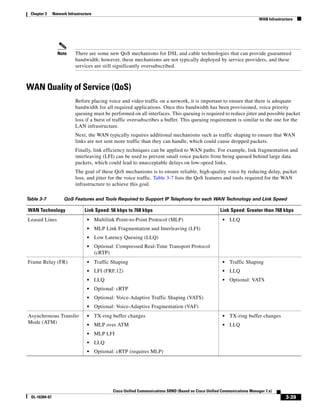 Chapter 3     Network Infrastructure
                                                                                                                               WAN Infrastructure




                  Note      There are some new QoS mechanisms for DSL and cable technologies that can provide guaranteed
                            bandwidth; however, these mechanisms are not typically deployed by service providers, and these
                            services are still significantly oversubscribed.



WAN Quality of Service (QoS)
                            Before placing voice and video traffic on a network, it is important to ensure that there is adequate
                            bandwidth for all required applications. Once this bandwidth has been provisioned, voice priority
                            queuing must be performed on all interfaces. This queuing is required to reduce jitter and possible packet
                            loss if a burst of traffic oversubscribes a buffer. This queuing requirement is similar to the one for the
                            LAN infrastructure.
                            Next, the WAN typically requires additional mechanisms such as traffic shaping to ensure that WAN
                            links are not sent more traffic than they can handle, which could cause dropped packets.
                            Finally, link efficiency techniques can be applied to WAN paths. For example, link fragmentation and
                            interleaving (LFI) can be used to prevent small voice packets from being queued behind large data
                            packets, which could lead to unacceptable delays on low-speed links.
                            The goal of these QoS mechanisms is to ensure reliable, high-quality voice by reducing delay, packet
                            loss, and jitter for the voice traffic. Table 3-7 lists the QoS features and tools required for the WAN
                            infrastructure to achieve this goal.

Table 3-7             QoS Features and Tools Required to Support IP Telephony for each WAN Technology and Link Speed

WAN Technology                    Link Speed: 56 kbps to 768 kbps                                         Link Speed: Greater than 768 kbps
Leased Lines                       •     Multilink Point-to-Point Protocol (MLP)                           •   LLQ
                                   •     MLP Link Fragmentation and Interleaving (LFI)
                                   •     Low Latency Queuing (LLQ)
                                   •     Optional: Compressed Real-Time Transport Protocol
                                         (cRTP)
Frame Relay (FR)                   •     Traffic Shaping                                                   •   Traffic Shaping
                                   •     LFI (FRF.12)                                                      •   LLQ
                                   •     LLQ                                                               •   Optional: VATS
                                   •     Optional: cRTP
                                   •     Optional: Voice-Adaptive Traffic Shaping (VATS)
                                   •     Optional: Voice-Adaptive Fragmentation (VAF)
Asynchronous Transfer              •     TX-ring buffer changes                                            •   TX-ring buffer changes
Mode (ATM)
                                   •     MLP over ATM                                                      •   LLQ
                                   •     MLP LFI
                                   •     LLQ
                                   •     Optional: cRTP (requires MLP)




                                                 Cisco Unified Communications SRND (Based on Cisco Unified Communications Manager 7.x)
  OL-16394-07                                                                                                                                3-39
 