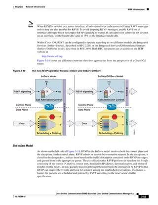 Chapter 3      Network Infrastructure
                                                                                                                              WAN Infrastructure




                  Note      When RSVP is enabled on a router interface, all other interfaces in the router will drop RSVP messages
                            unless they are also enabled for RSVP. To avoid dropping RSVP messages, enable RSVP on all
                            interfaces through which you expect RSVP signaling to transit. If call admission control is not desired
                            on an interface, set the bandwidth value to 75% of the interface bandwidth.

                            Within Cisco IOS, RSVP can be configured to operate according to two different models: the Integrated
                            Services (IntServ) model, described in RFC 2210, or the Integrated Services/Differentiated Services
                            (IntServ/DiffServ) model, described in RFC 2998. Both RFC documents are available on the IETF
                            website at
                                  http://www.ietf.org
                            Figure 3-18 shows the difference between these two approaches from the perspective of a Cisco IOS
                            router.

Figure 3-18           The Two RSVP Operation Models: IntServ and IntServ/DiffServ

                                 IntServ Model                                              IntServ/DiffServ Model

                                         No                                                           No

                                                                                                                          R
                                                                                                                          S
RSVP signaling                           ?       Yes                RSVP signaling                     ?           Yes
                                                                                                                          V
                                                                                                                          P
                           Call Admission Control                                           Call Admission Control

  Control Plane                                         R             Control Plane
                                                        S
  Data Plane                                            V             Data Plane
                                                        P


                                                                                                                          L
                                                                                                                          L
      Data                                                                Data                                            Q



                                                                                                                                    126674
                            Scheduling + Policing                                           Scheduling + Policing




The IntServ Model

                            As shown on the left side of Figure 3-18, RSVP in the IntServ model involves both the control plane and
                            the data plane. In the control plane, RSVP admits or denies the reservation request. In the data plane, it
                            classifies the data packets, polices them based on the traffic description contained in the RSVP messages,
                            and queues them in the appropriate queue. The classification that RSVP performs is based on the 5-tuple
                            consisting of the source IP address, source port, destination IP address, destination port, and protocol
                            number. In this model, all data packets transiting through the router must be intercepted by RSVP so that
                            RSVP can inspect the 5-tuple and look for a match among the established reservations. If a match is
                            found, the packets are scheduled and policed by RSVP according to the reservation's traffic
                            specification.




                                              Cisco Unified Communications SRND (Based on Cisco Unified Communications Manager 7.x)
  OL-16394-07                                                                                                                                3-53
 