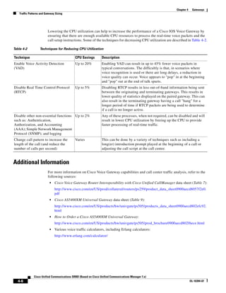 Chapter 4    Gateways
   Traffic Patterns and Gateway Sizing




                          Lowering the CPU utilization can help to increase the performance of a Cisco IOS Voice Gateway by
                          ensuring that there are enough available CPU resources to process the real-time voice packets and the
                          call setup instructions. Some of the techniques for decreasing CPU utilization are described in Table 4-2.

Table 4-2          Techniques for Reducing CPU Utilization

Technique                                    CPU Savings         Description
Enable Voice Activity Detection              Up to 20%           Enabling VAD can result in up to 45% fewer voice packets in
(VAD)                                                            typical conversations. The difficultly is that, in scenarios where
                                                                 voice recognition is used or there are long delays, a reduction in
                                                                 voice quality can occur. Voice appears to "pop" in at the beginning
                                                                 and "pop" out at the end of talk spurts.
Disable Real Time Control Protocol           Up to 5%            Disabling RTCP results in less out-of-band information being sent
(RTCP)                                                           between the originating and terminating gateways. This results in
                                                                 lower quality of statistics displayed on the paired gateway. This can
                                                                 also result in the terminating gateway having a call "hang" for a
                                                                 longer period of time if RTCP packets are being used to determine
                                                                 if a call is no longer active.
Disable other non-essential functions Up to 2%                   Any of these processes, when not required, can be disabled and will
such as: Authentication,                                         result in lower CPU utilization by freeing up the CPU to provide
Authorization, and Accounting                                    faster processing of real-time traffic.
(AAA); Simple Network Management
Protocol (SNMP); and logging
Change call pattern to increase the          Varies              This can be done by a variety of techniques such as including a
length of the call (and reduce the                               long(er) introduction prompt played at the beginning of a call or
number of calls per second)                                      adjusting the call script at the call center.


Additional Information
                          For more information on Cisco Voice Gateway capabilities and call center traffic analysis, refer to the
                          following sources:
                           •   Cisco Voice Gateway Router Interoperability with Cisco Unified CallManager data sheet (Table 7):
                               http://www.cisco.com/en/US/prod/collateral/routers/ps259/product_data_sheet0900aecd8057f2e0.
                               pdf
                           •   Cisco AS5400XM Universal Gateway data sheet (Table 9):
                               http://www.cisco.com/en/US/products/hw/univgate/ps505/products_data_sheet0900aecd802efc92.
                               html
                           •   How to Order a Cisco AS5400XM Universal Gateway:
                               http://www.cisco.com/en/US/products/hw/univgate/ps505/prod_brochure0900aecd802f6ece.html
                           •   Various voice traffic calculators, including Erlang calculators:
                               http://www.erlang.com/calculator/




              Cisco Unified Communications SRND (Based on Cisco Unified Communications Manager 7.x)
   4-6                                                                                                                         OL-16394-07
 