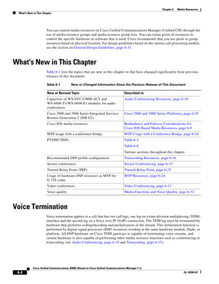 Chapter 6   Media Resources
 What's New in This Chapter




                       You can control media resources on Cisco Unified Communications Manager (Unified CM) through the
                       use of media resource groups and media resource group lists. You can create pools of resources to
                       control the specific hardware or software that is used. Cisco recommends that you use pools to group
                       resources based on physical location. For design guidelines based on the various call processing models,
                       see the section on General Design Guidelines, page 6-31.



What's New in This Chapter
                       Table 6-1 lists the topics that are new in this chapter or that have changed significantly from previous
                       releases of this document.

                       Table 6-1         New or Changed Information Since the Previous Release of This Document

                       New or Revised Topic                                        Described in:
                       Capacities of WS-SVC-CMM-ACT and                            Audio Conferencing Resources, page 6-10
                       WS-6608-T1/WS-6608-E1 modules for audio
                       conferences
                       Cisco 2900 and 3900 Series Integrated Services              Cisco 2900 and 3900 Series Platforms, page 6-29
                       Routers Generation 2 (ISR G2)
                       Cisco IOS media resources                                   Redundancy and Failover Considerations for
                                                                                   Cisco IOS-Based Media Resources, page 6-9
                       MTP usage with a conference bridge                          MTP Usage with a Conference Bridge, page 6-24
                       PVDM3 DSPs                                                  Table 6-3
                                                                                   Table 6-8
                                                                                   Various sections throughout this chapter
                       Recommended DSP profile configuration                       Transcoding Resources, page 6-16
                       Secure conferences                                          Secure Conferencing, page 6-13
                       Trusted Relay Point (TRP)                                   Trusted Relay Point, page 6-25
                       Usage of hardware DSP resources as MTP for                  MTP Resources, page 6-24
                       G.729 codec
                       Video conferences                                           Video Conferencing, page 6-13
                       Voice quality                                               Media Functions and Voice Quality, page 6-32



Voice Termination
                       Voice termination applies to a call that has two call legs, one leg on a time-division multiplexing (TDM)
                       interface and the second leg on a Voice over IP (VoIP) connection. The TDM leg must be terminated by
                       hardware that performs coding/decoding and packetization of the stream. This termination function is
                       performed by digital signal processor (DSP) resources residing in the same hardware module, blade, or
                       platform. All DSP hardware on Cisco TDM gateways is capable of terminating voice streams, and
                       certain hardware is also capable of performing other media resource functions such as conferencing or
                       transcoding (see Audio Conferencing, page 6-10 and Transcoding, page 6-15).




            Cisco Unified Communications SRND (Based on Cisco Unified Communications Manager 7.x)
 6-2                                                                                                                        OL-16394-07
 