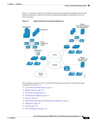 Chapter 1     Introduction
                                                                                                        Overview of Cisco Unified Communications




                             Figure 1-1 illustrates a typical Cisco Unified Communications deployment employing the Cisco IP
                             network infrastructure, with Cisco Unified Communications Manager (Unified CM) as the call
                             processing agent.

                             Figure 1-1         Typical Unified Communications Deployment

                                                                                                                                   Branch
                                                                                                                            (with Call Processing
                             Headquarters                                                                                     and Applications)
                                                              Applications




                                                                                                                            M

                                            M                                                                      M                    M
                                                              Cisco
                                  M                  M        Unified CM
                                                              cluster
                                      M          M                                                        V
                                                 Gatekeeper
                                                                                                                       IP         IP
                                                                                  PSTN
                                                                                                                                     Branch
                                                                  V                                                             (with SRST and
                                                                                                                                 Applications)

                                          IP             IP
                                                                                 IP WAN




                                                          Rest of
                                                                                                                       IP          IP
                                                           world




                                                                                                                                            74350
                             The foundation architecture for Cisco Unified Communications includes of the following major
                             components (see Figure 1-1):
                              •   Cisco IP Network Infrastructure, page 1-4
                              •   Quality of Service, page 1-4
                              •   Call Processing Agent, page 1-4
                              •   Communication Endpoints, page 1-5
                              •   Presence, page 1-6
                              •   Conferencing, Messaging, and Collaboration Capabilities, page 1-7
                              •   Applications, page 1-8
                              •   Security, page 1-10
                              •   Network Management, page 1-10



                                                Cisco Unified Communications SRND (Based on Cisco Unified Communications Manager 7.x)
OL-16394-07                                                                                                                                     1-3
 