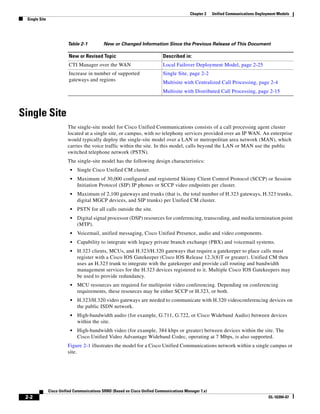 Chapter 2    Unified Communications Deployment Models
 Single Site




                         Table 2-1          New or Changed Information Since the Previous Release of This Document

                          New or Revised Topic                              Described in:
                          CTI Manager over the WAN                          Local Failover Deployment Model, page 2-25
                          Increase in number of supported                   Single Site, page 2-2
                          gateways and regions
                                                                            Multisite with Centralized Call Processing, page 2-4
                                                                            Multisite with Distributed Call Processing, page 2-15



Single Site
                         The single-site model for Cisco Unified Communications consists of a call processing agent cluster
                         located at a single site, or campus, with no telephony services provided over an IP WAN. An enterprise
                         would typically deploy the single-site model over a LAN or metropolitan area network (MAN), which
                         carries the voice traffic within the site. In this model, calls beyond the LAN or MAN use the public
                         switched telephone network (PSTN).
                         The single-site model has the following design characteristics:
                          •   Single Cisco Unified CM cluster.
                          •   Maximum of 30,000 configured and registered Skinny Client Control Protocol (SCCP) or Session
                              Initiation Protocol (SIP) IP phones or SCCP video endpoints per cluster.
                          •   Maximum of 2,100 gateways and trunks (that is, the total number of H.323 gateways, H.323 trunks,
                              digital MGCP devices, and SIP trunks) per Unified CM cluster.
                          •   PSTN for all calls outside the site.
                          •   Digital signal processor (DSP) resources for conferencing, transcoding, and media termination point
                              (MTP).
                          •   Voicemail, unified messaging, Cisco Unified Presence, audio and video components.
                          •   Capability to integrate with legacy private branch exchange (PBX) and voicemail systems.
                          •   H.323 clients, MCUs, and H.323/H.320 gateways that require a gatekeeper to place calls must
                              register with a Cisco IOS Gatekeeper (Cisco IOS Release 12.3(8)T or greater). Unified CM then
                              uses an H.323 trunk to integrate with the gatekeeper and provide call routing and bandwidth
                              management services for the H.323 devices registered to it. Multiple Cisco IOS Gatekeepers may
                              be used to provide redundancy.
                          •   MCU resources are required for multipoint video conferencing. Depending on conferencing
                              requirements, these resources may be either SCCP or H.323, or both.
                          •   H.323/H.320 video gateways are needed to communicate with H.320 videoconferencing devices on
                              the public ISDN network.
                          •   High-bandwidth audio (for example, G.711, G.722, or Cisco Wideband Audio) between devices
                              within the site.
                          •   High-bandwidth video (for example, 384 kbps or greater) between devices within the site. The
                              Cisco Unified Video Advantage Wideband Codec, operating at 7 Mbps, is also supported.
                         Figure 2-1 illustrates the model for a Cisco Unified Communications network within a single campus or
                         site.




               Cisco Unified Communications SRND (Based on Cisco Unified Communications Manager 7.x)
 2-2                                                                                                                                OL-16394-07
 