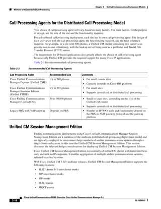 Chapter 2    Unified Communications Deployment Models
   Multisite with Distributed Call Processing




Call Processing Agents for the Distributed Call Processing Model
                          Your choice of call processing agent will vary, based on many factors. The main factors, for the purpose
                          of design, are the size of the site and the functionality required.
                          For a distributed call processing deployment, each site has its own call processing agent. The design of
                          each site varies with the call processing agent, the functionality required, and the fault tolerance
                          required. For example, in a site with 500 phones, a Unified CM cluster containing two servers can
                          provide one-to-one redundancy, with the backup server being used as a publisher and Trivial File
                          Transfer Protocol (TFTP) server.
                          The requirement for IP-based applications also greatly affects the choice of call processing agent
                          because only Unified CM provides the required support for many Cisco IP applications.
                          Table 2-3 lists recommended call processing agents.

Table 2-3           Recommended Call Processing Agents

Call Processing Agent                           Recommended Size            Comments
Cisco Unified Communications                    Up to 240 phones             •   For small remote sites
Manager Express (Unified CME)
                                                                             •   Capacity depends on Cisco IOS platform
Cisco Unified Communications                    Up to 575 phones             •   For small sites
Manager Business Edition
                                                                             •   Supports centralized or distributed call processing
(Unified CMBE)
Cisco Unified Communications                    50 to 30,000 phones          •   Small to large sites, depending on the size of the
Manager (Unified CM)                                                             Unified CM cluster
                                                                             •   Supports centralized or distributed call processing
Legacy PBX with VoIP gateway                    Depends on PBX               •   Number of IP WAN calls and functionality depend on
                                                                                 the PBX-to-VoIP gateway protocol and the gateway
                                                                                 platform


Unified CM Session Management Edition
                          Unified communications deployments using Cisco Unified Communications Manager Session
                          Management Edition are a variation of the multisite distributed call processing deployment model and
                          are typically employed to interconnect large numbers of unified communications systems through a
                          single front-end system, in this case the Unified CM Session Management Edition. This section
                          discusses the relevant design considerations for deploying Unified CM Session Management Edition.
                          Cisco Unified CM Session Management Edition is essentially a Unified CM cluster with trunk interfaces
                          only and with no IP endpoints. It enables aggregation of multiple unified communications systems,
                          referred to as leaf systems.
                          With Cisco Unified CM 7.1(3) and later releases, Unified CM Session Management Edition supports the
                          following features:
                            •   H.323 Annex M1 intercluster trunks
                            •   SIP intercluster trunks
                            •   SIP trunks
                            •   H.323 trunks
                            •   MGCP trunks


               Cisco Unified Communications SRND (Based on Cisco Unified Communications Manager 7.x)
  2-18                                                                                                                              OL-16394-07
 