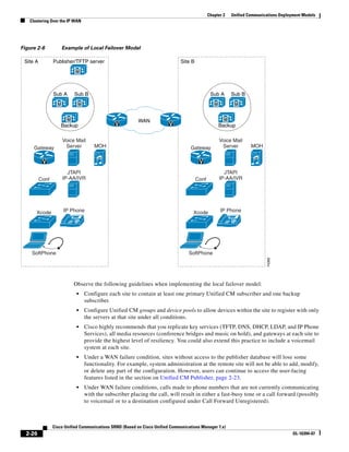Chapter 2   Unified Communications Deployment Models
   Clustering Over the IP WAN




Figure 2-6             Example of Local Failover Model

 Site A          Publisher/TFTP server                                         Site B
                             M



                 Sub A       Sub B                                                              Sub A      Sub B
                   M          M                                                                   M         M


                         M                                 WAN                                         M
                     Backup                    V                          V                           Backup

                       Voice Mail                                                                     Voice Mail
     Gateway            Server        MOH                                           Gateway            Server       MOH


           V                                                                             V
                         JTAPI                                                                          JTAPI
          Conf         IP-AA/IVR                                                        Conf          IP-AA/IVR




      Xcode            IP Phone                                                       Xcode           IP Phone

                             IP                                                                            IP




    SoftPhone                                                                      SoftPhone

                                                                                                                            74360



                             Observe the following guidelines when implementing the local failover model:
                              •   Configure each site to contain at least one primary Unified CM subscriber and one backup
                                  subscriber.
                              •   Configure Unified CM groups and device pools to allow devices within the site to register with only
                                  the servers at that site under all conditions.
                              •   Cisco highly recommends that you replicate key services (TFTP, DNS, DHCP, LDAP, and IP Phone
                                  Services), all media resources (conference bridges and music on hold), and gateways at each site to
                                  provide the highest level of resiliency. You could also extend this practice to include a voicemail
                                  system at each site.
                              •   Under a WAN failure condition, sites without access to the publisher database will lose some
                                  functionality. For example, system administration at the remote site will not be able to add, modify,
                                  or delete any part of the configuration. However, users can continue to access the user-facing
                                  features listed in the section on Unified CM Publisher, page 2-23.
                              •   Under WAN failure conditions, calls made to phone numbers that are not currently communicating
                                  with the subscriber placing the call, will result in either a fast-busy tone or a call forward (possibly
                                  to voicemail or to a destination configured under Call Forward Unregistered).



                 Cisco Unified Communications SRND (Based on Cisco Unified Communications Manager 7.x)
  2-26                                                                                                                                  OL-16394-07
 
