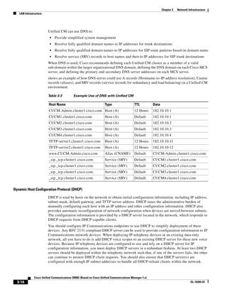Chapter 3   Network Infrastructure
   LAN Infrastructure




                        Unified CM can use DNS to:
                         •   Provide simplified system management
                         •   Resolve fully qualified domain names to IP addresses for trunk destinations
                         •   Resolve fully qualified domain names to IP addresses for SIP route patterns based on domain name
                         •   Resolve service (SRV) records to host names and then to IP addresses for SIP trunk destinations
                        When DNS is used, Cisco recommends defining each Unified CM cluster as a member of a valid
                        sub-domain within the larger organizational DNS domain, defining the DNS domain on each Cisco MCS
                        server, and defining the primary and secondary DNS server addresses on each MCS server.
                        shows an example of how DNS server could use A records (Hostname-to-IP-address resolution), Cname
                        records (aliases), and SRV records (service records for redundancy and load balancing) in a Unified CM
                        environment.

                        Table 3-3          Example Use of DNS with Unified CM

                         Host Name                                 Type                  TTL          Data
                         CUCM-Admin.cluster1.cisco.com Host (A)                          12 Hours     182.10.10.1
                         CUCM1.cluster1.cisco.com                  Host (A)              Default      182.10.10.1
                         CUCM2.cluster1.cisco.com                  Host (A)              Default      182.10.10.2
                         CUCM3.cluster1.cisco.com                  Host (A)              Default      182.10.10.3
                         CUCM4.cluster1.cisco.com                  Host (A)              Default      182.10.10.4
                         TFTP-server1.cluster1.cisco.com           Host (A)              12 Hours     182.10.10.11
                         TFTP-server2.cluster1.cisco.com           Host (A)              12 Hours     182.10.10.12
                         www.CUCM-Admin.cisco.com                  Alias (CNAME)         Default      CUCM-Admin.cluster1.cisco.com
                         _sip._tcp.cluster1.cisco.com.             Service (SRV)         Default      CUCM1.cluster1.cisco.com
                         _sip._tcp.cluster1.cisco.com.             Service (SRV)         Default      CUCM2.cluster1.cisco.com
                         _sip._tcp.cluster1.cisco.com.             Service (SRV)         Default      CUCM3.cluster1.cisco.com
                         _sip._tcp.cluster1.cisco.com.             Service (SRV)         Default      CUCM4.cluster1.cisco.com


Dynamic Host Configuration Protocol (DHCP)

                        DHCP is used by hosts on the network to obtain initial configuration information, including IP address,
                        subnet mask, default gateway, and TFTP server address. DHCP eases the administrative burden of
                        manually configuring each host with an IP address and other configuration information. DHCP also
                        provides automatic reconfiguration of network configuration when devices are moved between subnets.
                        The configuration information is provided by a DHCP server located in the network, which responds to
                        DHCP requests from DHCP-capable clients.
                        You should configure IP Communications endpoints to use DHCP to simplify deployment of these
                        devices. Any RFC 2131 compliant DHCP server can be used to provide configuration information to IP
                        Communications network devices. When deploying IP telephony devices in an existing data-only
                        network, all you have to do is add DHCP voice scopes to an existing DHCP server for these new voice
                        devices. Because IP telephony devices are configured to use and rely on a DHCP server for IP
                        configuration information, you must deploy DHCP servers in a redundant fashion. At least two DHCP
                        servers should be deployed within the telephony network such that, if one of the servers fails, the other
                        can continue to answer DHCP client requests. You should also ensure that DHCP server(s) are
                        configured with enough IP subnet addresses to handle all DHCP-reliant clients within the network.



              Cisco Unified Communications SRND (Based on Cisco Unified Communications Manager 7.x)
  3-16                                                                                                                             OL-16394-07
 