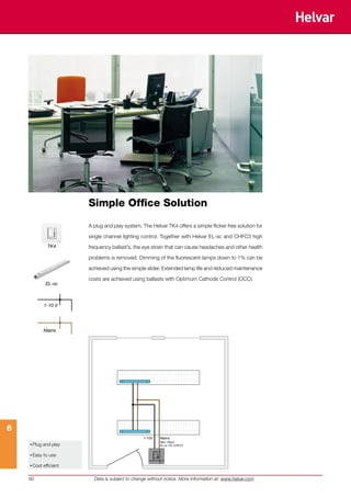 Simple Office Solution

                       A plug and play system. The Helvar TK4 offers a simple flicker free solution for

                       single channel lighting control. Together with Helvar EL-sc and CHFC3 high
             TK4       frequency ballast’s, the eye strain that can cause headaches and other health

                       problems is removed. Dimming of the fluorescent lamps down to 1% can be

                       achieved using the simple slider. Extended lamp life and reduced maintenance

                       costs are achieved using ballasts with Optimum Cathode Control (OCC).
            EL-sc



           1-10 V




           Mains




6
                                                1-10V   Mains
                                                        Max. 20pcs
    • Plug and play                                     EL-sc / EL-CHFC3


    • Easy to use
    • Cost efficient

    60                   Data is subject to change without notice. More information at: www.helvar.com
 