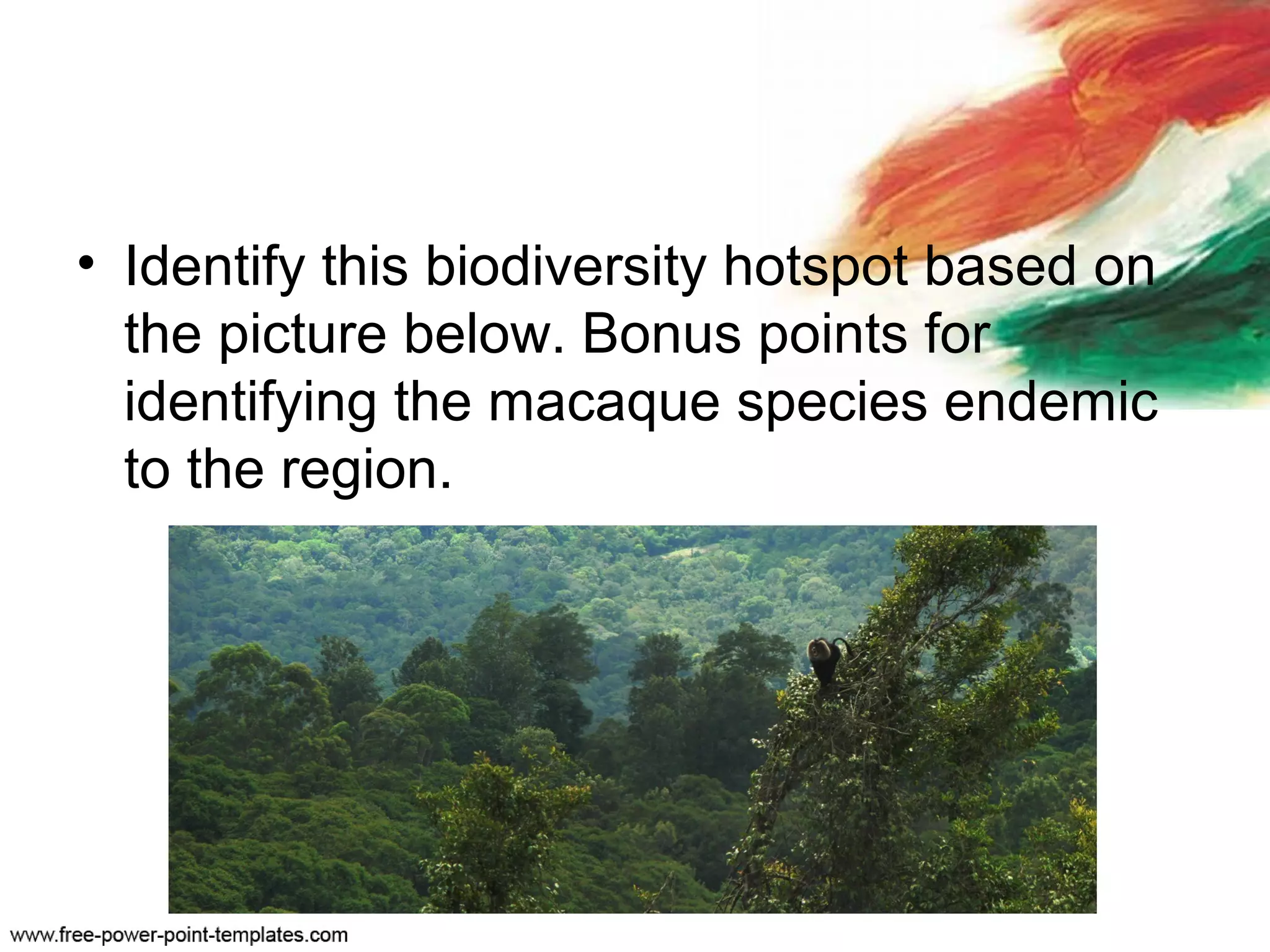 • Identify this biodiversity hotspot based on
the picture below. Bonus points for
identifying the macaque species endemic
to the region.
 