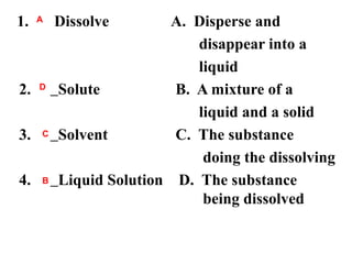 1.

2.

A

D

3.

C

4.

B

Dissolve

A. Disperse and
disappear into a
liquid
Solute
B. A mixture of a
liquid and a solid
Solvent
C. The substance
doing the dissolving
Liquid Solution D. The substance
being dissolved

 