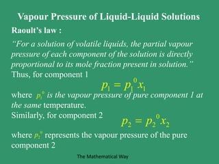 Vapour Pressure of Liquid-Liquid Solutions
Raoult’s law :
“For a solution of volatile liquids, the partial vapour
pressure of each component of the solution is directly
proportional to its mole fraction present in solution.”
Thus, for component 1
where is the vapour pressure of pure component 1 at
the same temperature.
Similarly, for component 2
where represents the vapour pressure of the pure
component 2
0
1 1 1p p x
0
1p
0
2 2 2p p x
0
2p
The Mathematical Way
 