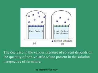The decrease in the vapour pressure of solvent depends on
the quantity of non-volatile solute present in the solution,
irrespective of its nature.
The Mathematical Way
 