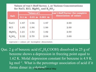 Que. 2 g of benzoic acid (C6H5COOH) dissolved in 25 g of
benzene shows a depression in freezing point equal to
1.62 K. Molal depression constant for benzene is 4.9 K
kg mol–1. What is the percentage association of acid if it
forms dimer in solution?The Mathematical Way
 