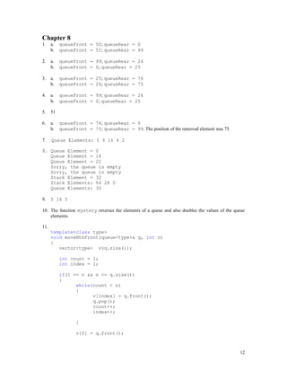 12
Chapter 8
1. a. queueFront = 50; queueRear = 0
b. queueFront = 51; queueRear = 99
2. a. queueFront = 99; queueRear = 26
b. queueFront = 0; queueRear = 25
3. a. queueFront = 25; queueRear = 76
b. queueFront = 26; queueRear = 75
4. a. queueFront = 99; queueRear = 26
b. queueFront = 0; queueRear = 25
5. 51
6. a. queueFront = 74; queueRear = 0
b. queueFront = 75; queueRear = 99. The position of the removed element was 75.
7. Queue Elements: 5 9 16 4 2
8. Queue Element = 0
Queue Element = 14
Queue Element = 22
Sorry, the queue is empty
Sorry, the queue is empty
Stack Element = 32
Stack Elements: 64 28 0
Queue Elements: 30
9. 5 16 5
10. The function mystery reverses the elements of a queue and also doubles the values of the queue
elements.
11.
template<class type>
void moveNthFront(queue<type>& q, int n)
{
vector<type> v(q.size());
int count = 1;
int index = 1;
if(1 <= n && n <= q.size())
{
while(count < n)
{
v[index] = q.front();
q.pop();
count++;
index++;
}
v[0] = q.front();
 