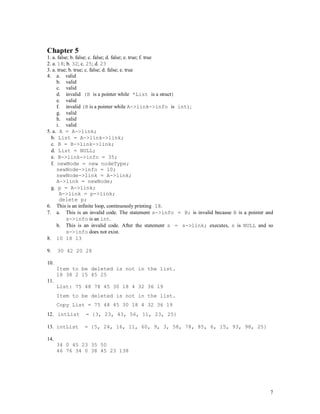 7
Chapter 5
1. a. false; b. false; c. false; d. false; e. true; f. true
2. a. 18; b. 32; c. 25; d. 23
3. a. true; b. true; c. false; d. false; e. true
4. a. valid
b. valid
c. valid
d. invalid (B is a pointer while *List is a struct)
e. valid
f. invalid (B is a pointer while A->link->info is int);
g. valid
h. valid
i. valid
5. a. A = A->link;
b. List = A->link->link;
c. B = B->link->link;
d. List = NULL;
e. B->link->info = 35;
f. newNode = new nodeType;
newNode->info = 10;
newNode->link = A->link;
A->link = newNode;
g. p = A->link;
A->link = p->link;
delete p;
6. This is an infinite loop, continuously printing 18.
7. a. This is an invalid code. The statement s->info = B; is invalid because B is a pointer and
s->info is an int.
b. This is an invalid code. After the statement s = s->link; executes, s is NULL and so
s->info does not exist.
8. 10 18 13
9. 30 42 20 28
10.
Item to be deleted is not in the list.
18 38 2 15 45 25
11.
List: 75 48 78 45 30 18 4 32 36 19
Item to be deleted is not in the list.
Copy List = 75 48 45 30 18 4 32 36 19
12. intList = {3, 23, 43, 56, 11, 23, 25}
13. intList = {5, 24, 16, 11, 60, 9, 3, 58, 78, 85, 6, 15, 93, 98, 25}
14.
34 0 45 23 35 50
46 76 34 0 38 45 23 138
 