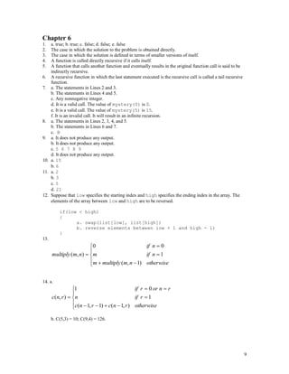 9
Chapter 6
1. a. true; b. true; c. false; d. false; e. false
2. The case in which the solution to the problem is obtained directly.
3. The case in which the solution is defined in terms of smaller versions of itself.
4. A function is called directly recursive if it calls itself.
5. A function that calls another function and eventually results in the original function call is said to be
indirectly recursive.
6. A recursive function in which the last statement executed is the recursive call is called a tail recursive
function.
7. a. The statements in Lines 2 and 3.
b. The statements in Lines 4 and 5.
c. Any nonnegative integer.
d. It is a valid call. The value of mystery(0) is 0.
e. It is a valid call. The value of mystery(5) is 15.
f. It is an invalid call. It will result in an infinite recursion.
8. a. The statements in Lines 2, 3, 4, and 5.
b. The statements in Lines 6 and 7.
c. B
9. a. It does not produce any output.
b. It does not produce any output.
c. 5 6 7 8 9
d. It does not produce any output.
10. a. 15
b. 6
11. a. 2
b. 3
c. 5
d. 21
12. Suppose that low specifies the starting index and high specifies the ending index in the array. The
elements of the array between low and high are to be reversed.
if(low < high)
{
a. swap(list[low], list[high])
b. reverse elements between low + 1 and high - 1)
}
13.









otherwisenmmultiplym
nifm
nif
nmmultiply
)1,(
1
00
),(
14. a.









otherwiserncrnc
rifn
rnorrif
rnc
),1()1,1(
1
01
),(
b. C(5,3) = 10; C(9,4) = 126.
 