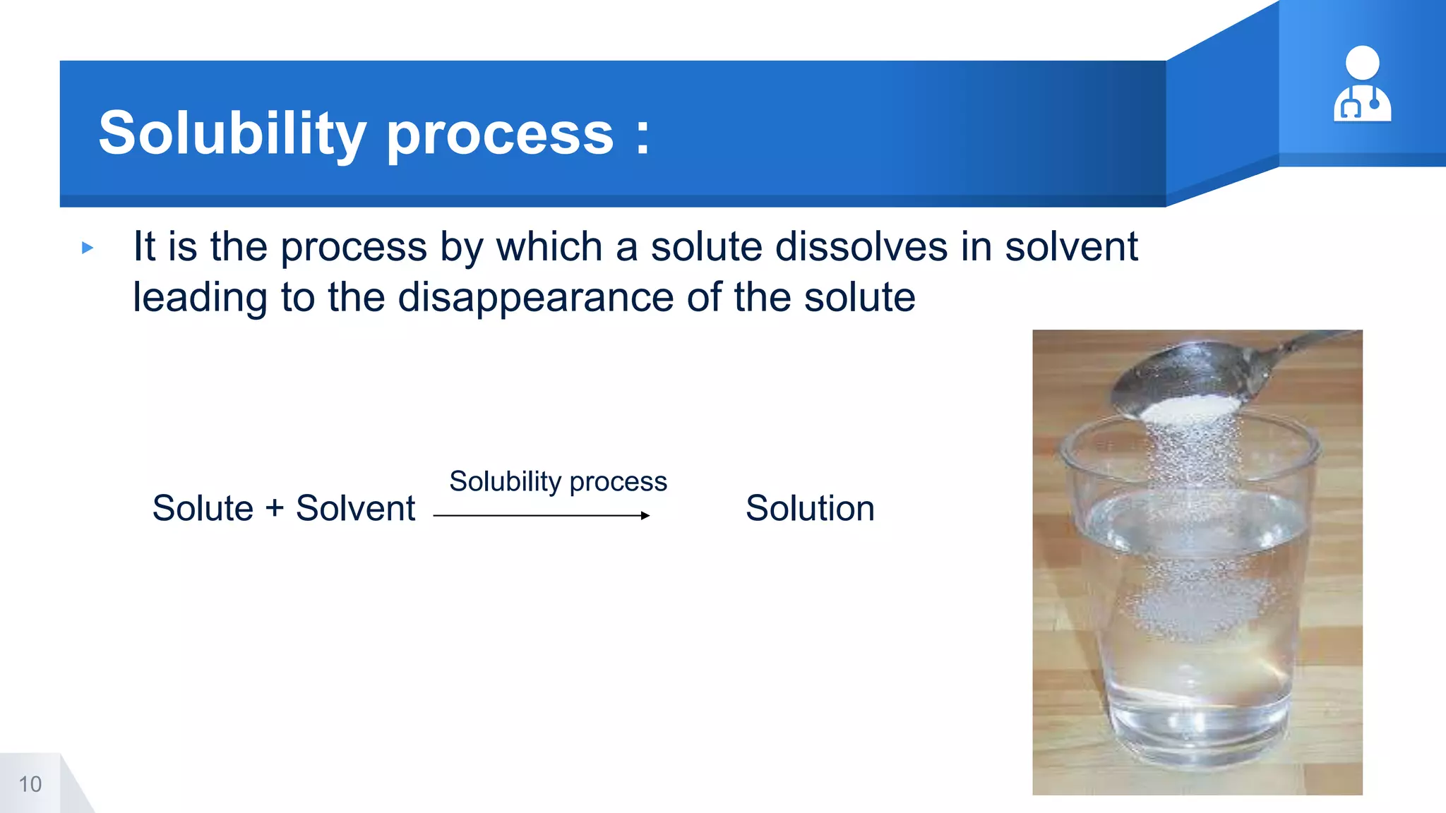 Solubility process :
10
▸ It is the process by which a solute dissolves in solvent
leading to the disappearance of the solute
Solubility process
Solute + Solvent Solution
 