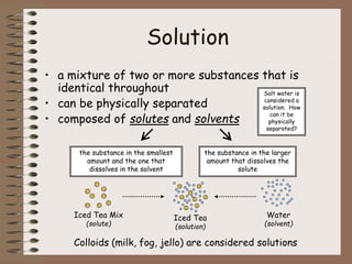 Solution
• a mixture of two or more substances that is
identical throughout
• can be physically separated
• composed of solutes and solvents
the substance in the smallest
amount and the one that
dissolves in the solvent
the substance in the larger
amount that dissolves the
solute
Colloids (milk, fog, jello) are considered solutions
Iced Tea Mix
(solute)
Water
(solvent)
Iced Tea
(solution)
Salt water is
considered a
solution. How
can it be
physically
separated?
 