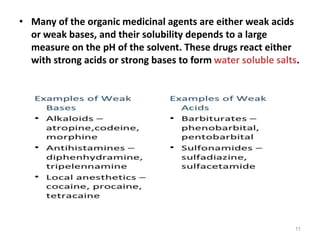 • Many of the organic medicinal agents are either weak acids
or weak bases, and their solubility depends to a large
measure on the pH of the solvent. These drugs react either
with strong acids or strong bases to form water soluble salts.
11
 