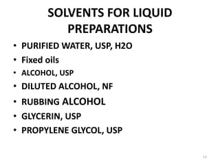 • PURIFIED WATER, USP, H2O
• Fixed oils
• ALCOHOL, USP
• DILUTED ALCOHOL, NF
• RUBBING ALCOHOL
• GLYCERIN, USP
• PROPYLENE GLYCOL, USP
SOLVENTS FOR LIQUID
PREPARATIONS
17
 