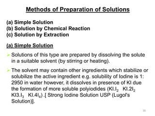 Methods of Preparation of Solutions
(a) Simple Solution
(b) Solution by Chemical Reaction
(c) Solution by Extraction
(a) Simple Solution
 Solutions of this type are prepared by dissolving the solute
in a suitable solvent (by stirring or heating).
 The solvent may contain other ingredients which stabilize or
solubilize the active ingredient e.g. solubility of Iodine is 1:
2950 in water however, it dissolves in presence of KI due
the formation of more soluble polyiodides (KI.I2 KI.2I2
KI3.I3 KI.4I4) .[ Strong Iodine Solution USP (Lugol's
SoIution)].
35
 