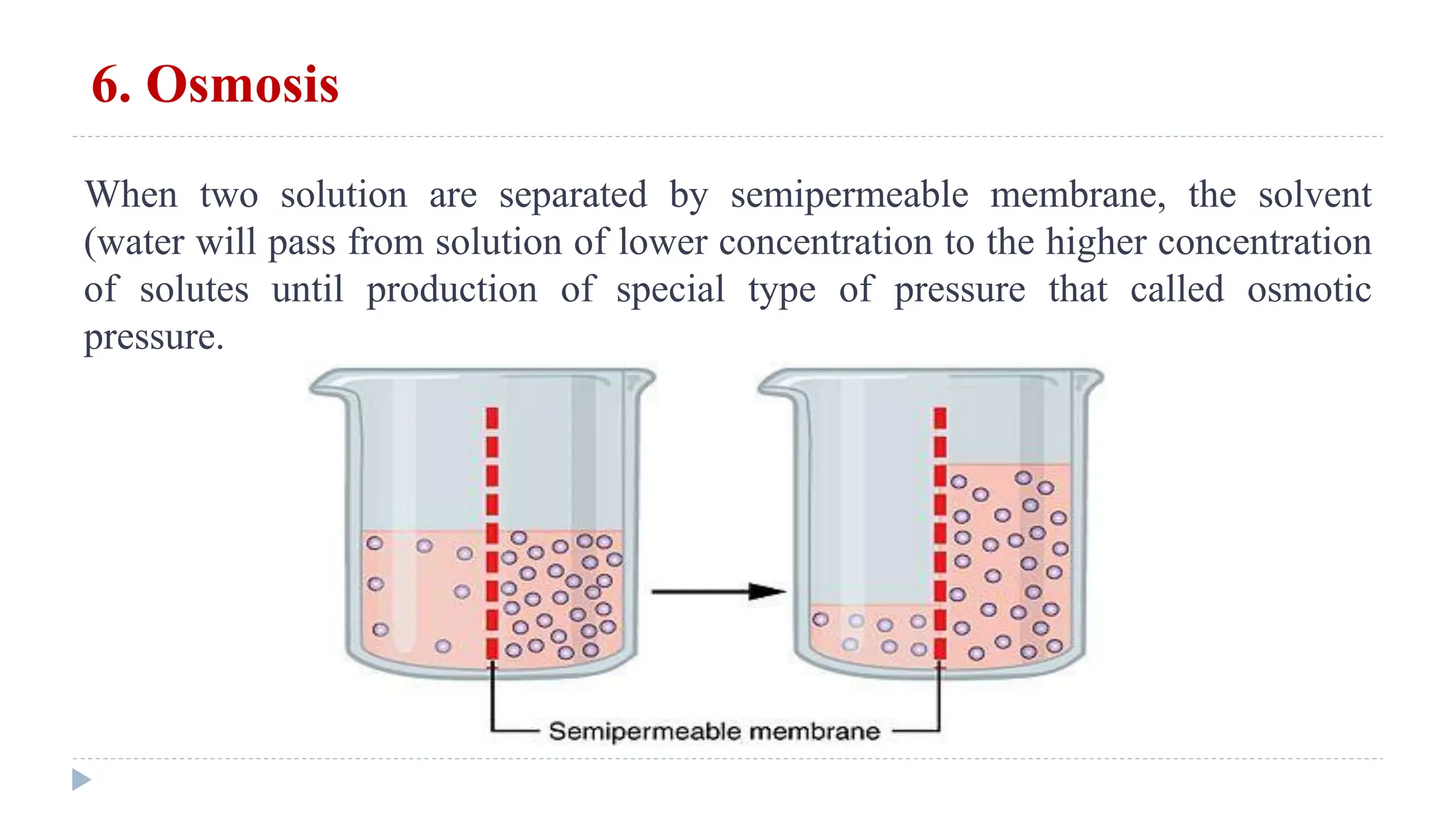 6. Osmosis
When two solution are separated by semipermeable membrane, the solvent
(water will pass from solution of lower concentration to the higher concentration
of solutes until production of special type of pressure that called osmotic
pressure.
 