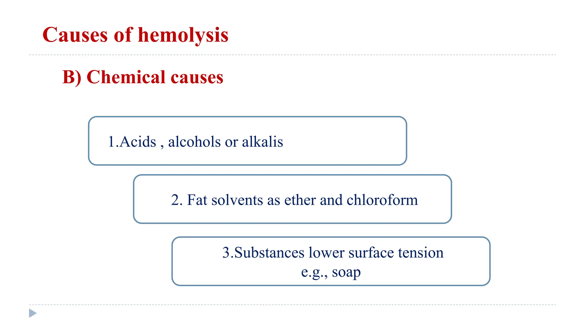 Causes of hemolysis
B) Chemical causes
1.Acids , alcohols or alkalis
2. Fat solvents as ether and chloroform
3.Substances lower surface tension
e.g., soap
 