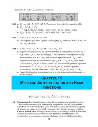 Similarly, 3G = 2G + G, and so on. The result:
2G = (5, 2) 3G = (8, 3) 4G = (10, 2) 5G = (3, 6)
6G = (7, 9) 7G = (7, 2) 8G = (3, 5) 9G = (10, 9)
10G = (8, 8) 11G = (5, 9) 12G = (2, 4) 13G = (2, 7)
10.16 a. PB
= nB
× G = 7 × (2, 7) = (7, 2). This answer is seen in the preceding table.
b. Cm
= {kG, Pm
+ kPB
}
= {3(2, 7), (10, 9) + 3(7, 2)} = {(8,3), (10, 9) + (3, 5)} = {(8, 3), (10, 2)}
c. Pm
= (10, 2) – 7(8, 3) = (10, 2) – (3, 5) = (10, 2) + (3, 6) = (10, 9)
10.17 a. S + kYA
= M – kxA
G + kxA
G = M.
b. The imposter gets Alice’s public verifying key YA
and sends Bob M, k, and S =
M – kYA
for any k.
10.18 a. S + kYA
= M – xA
C1
+ kYA
= M – xA
kG + kxA
G = M.
b. Suppose an imposter has an algorithm that takes as input the public G, YA
=
xA
G, Bob’s C1
= kG, and the message M and returns a valid signature which
Bob can verify as S = M – kYA
and Alice can reproduce as M – xA
C1
. The
imposter intercepts an encoded message Cm
= {k'G', Pm
+ k'PA
} from Bob to
Alice where PA
= nA
G' is Alice’s public key. The imposter gives the algorithm
the input G = G', YA
= PA
, C1
= k'G', M = Pm
+ k'PA
and the algorithm
computes an S which Alice could "verify" as S = Pm
+ k'PA
– nA
k'G' = Pm
.
c. Speed, likelihood of unintentional error, opportunity for denial of service or
traffic analysis.
AANSWERSNSWERS TOTO QQUESTIONSUESTIONS
11.1 Masquerade: Insertion of messages into the network from a fraudulent source.
This includes the creation of messages by an opponent that are purported to
come from an authorized entity. Also included are fraudulent acknowledgments
of message receipt or nonreceipt by someone other than the message recipient.
Content modification: Changes to the contents of a message, including insertion,
deletion, transposition, and modification. Sequence modification: Any
modification to a sequence of messages between parties, including insertion,
-61-
CHAPTER 11
MESSAGE AUTHENTICATION AND HASH
FUNCTIONS
 