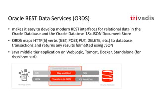 Oracle REST Data Services (ORDS)
• makes it easy to develop modern REST interfaces for relational data in the
Oracle Database and the Oracle Database 18c JSON Document Store
• ORDS maps HTTP(S) verbs (GET, POST, PUT, DELETE, etc.) to database
transactions and returns any results formatted using JSON
• Java middle tier application on WebLogic, Tomcat, Docker, Standalone (for
development)
 