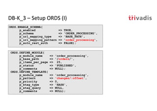 DB-K_3 – Setup ORDS (I)
ORDS.ENABLE_SCHEMA(
p_enabled => TRUE,
p_schema => 'ORDER_PROCESSING',
p_url_mapping_type => 'BASE_PATH',
p_url_mapping_pattern => 'order_processing',
p_auto_rest_auth => FALSE);
ORDS.DEFINE_MODULE(
p_module_name => 'order_processing',
p_base_path => '/orders/',
p_items_per_page => 25,
p_status => 'PUBLISHED',
p_comments => NULL);
ORDS.DEFINE_TEMPLATE(
p_module_name => 'order_processing',
p_pattern => 'changes/:offset',
p_priority => 0,
p_etag_type => 'HASH',
p_etag_query => NULL,
p_comments => NULL);
 