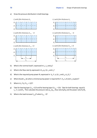 70 Chapter 11         Design of hydrostatic bearings
a) Draw the pressure distribution in both bearings.
b) What is the nominal load F, expressed in L1, L2 and ps?
c) What is the flow rate Q, expressed in h0, ps, B, L1 and L2?
d) What is the required pump power N, expressed in  h0, F, η, B, L1 and L21=L2 /L1?
e) What should L21 be when a minimal pump power is required for F, h0, η, B and L1 as given?
f) What is h1 / h0 if L21 = 1/2?
g) Take for bearing type i) L21 =1/3 and for bearing type ii) L21. = 5/6.  Take for both bearings  equal B,
L1, F, η and h0.  Then calculate the pressure ratio ps,i /ps,ii, flow ratio Qi/Qii and the power ratio Ni /Nii.
h) What is the load increase Fmax/F when hmin 60?
 