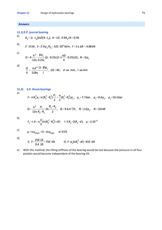 Chapter 11   Design of hydrostatic bearings 71
Answers
11.1) E.P. journal bearing
a)
b)
c) 
d)
11.2) E.P. thrust bearings
a)
b)
c)
d)
e)  With this method, the tilting stiffness of the bearing would be lost because the pressure in all four
pockets would become independent of the bearing tilt.
 