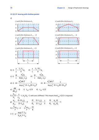 72 Chapter 11         Design of hydrostatic bearings
11.3) E.P. bearing with shallow pocket
 
a)
b) 
c) 
d) 
e) 
f)  ,  with zero stiffness!  This means that  is required.
g) 
h) 
i) 
 