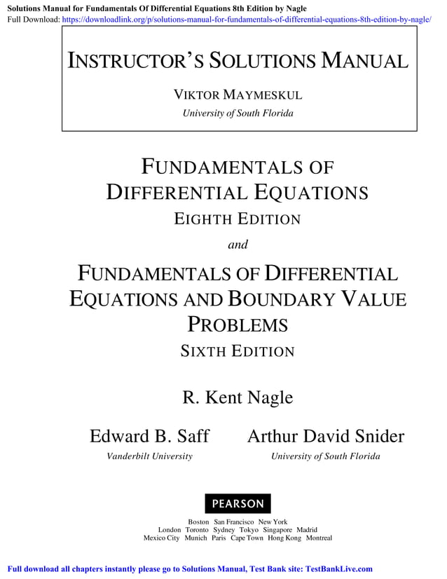 Solutions Manual for Fundamentals Of Differential Equations 8th Edition by Nagle PDF