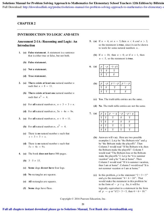 Solutions Manual For Problem Solving Approach To Mathematics For Elem