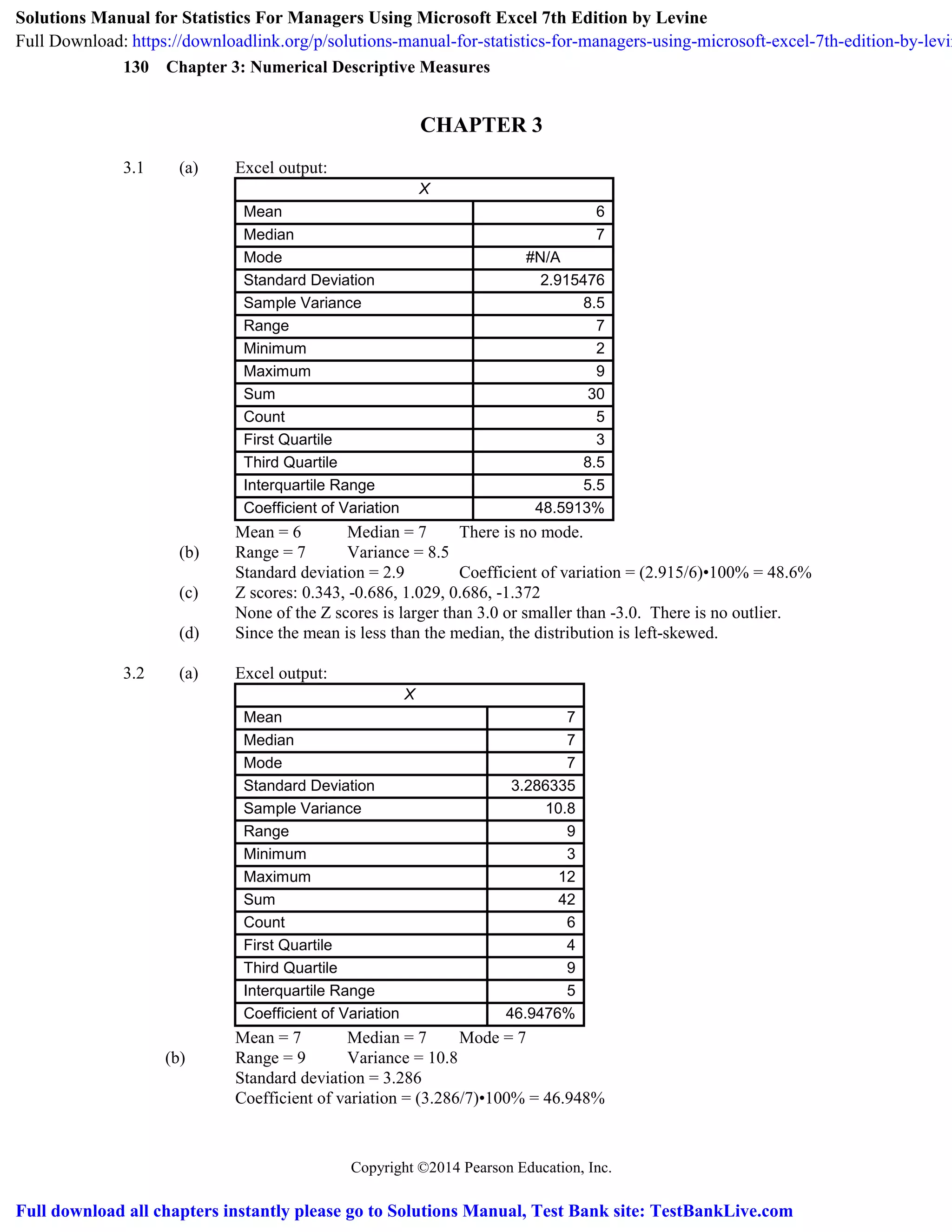 Solutions Manual for Statistics For Managers Using Microsoft Excel