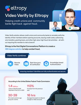 Video Verify by Eltropy
Helping credit unions and community
banks fight back against fraud.
Video Verify solution allows credit unions and community banks to remotely verify the
identity of their members before opening accounts, issuing credit cards, authorizing
wire transfers, granting loans, and other high value-high fraud risk activities – all with-
out requiring the member to visit a branch!
Eltropy is the first Digital Conversations Platform to create a
360 degree solution to help combat fraud.
According to the United States Federal Trade Commission
ensuring members’ identities are fully authenticated and secure.
1.4 Million
cases of identity theft
reported in the U.S. in 2021
113%
Increase from the previous
year
30-39
The most common age
group for victims
16 hrs
Average time spent on dispute
charges on fake accounts
Video Verify combines
Remote
Video
Knowledge-based
Authentication
Real-time govt.
ID verification
Verified
 