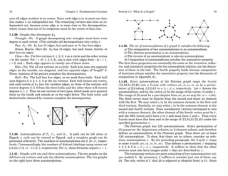 15

Chapter 1: Fundamental Concepts

uses all edges incident to its center. Since each edge is in at most one claw,
this makes X an independent set. The remaining vertices also form an independent set, because every edge is in some claw in the decomposition,
which means that one of its endpoints must be the center of that claw.
1.1.39. Graphs that decompose K 6 .
Triangle—No. A graph decomposing into triangles must have even
degree at each vertex. (This excludes all decompositions into cycles.)
Paw, P5 —No. K 6 has 15 edges, but each paw or P5 has four edges.
House, Bowtie, Dart–No. K 6 has 15 edges, but each house, bowtie, or
dart has six edges.
Claw—Yes. Put ﬁve vertices 0, 1, 2, 3, 4 on a circle and the other vertex
z in the center. For i ∈ {0, 1, 2, 3, 4}, use a claw with edges from i to i + 1,
i + 2, and z . Each edge appears in exactly one of these claws.
Kite—Yes. Put all six vertices on a circle. Each kite uses two opposite
edges on the outside, one diagonal, and two opposite edges of “length” 2.
Three rotations of the picture complete the decomposition.
Bull—Yes. The bull has ﬁve edges, so we need three bulls. Each bull
uses degrees 3, 3, 2, 1, 1, 0 at the six vertices. Each bull misses one vertex,
and each vertex of K 6 has ﬁve incident edges, so three of the vertices will
receive degrees 3, 2, 0 from the three bulls, and the other three will receive
degrees 3, 1, 1. Thus we use vertices of two types, which leads us to position
them on the inside and outside as on the right below. The bold, solid, and
dashed bulls obtained by rotation complete the decomposition.

•
•

•
•

•
•

•

•

•

•

•
•

•

•

•
•

•
•

1.1.40. Automorphisms of Pn , Cn , and K n . A path can be left alone or
ﬂipped, a cycle can be rotated or ﬂipped, and a complete graph can be
permuted arbtrarily. The numbers of automorphisms are 2, 2n, n !, respectively. Correspondingly, the numbers of distinct labelings using vertex set
[n ] are n !/2, (n − 1)!/2, 1, respectively. For Pn , these formulas require n > 1.
1.1.41. Graphs with one and three automorphisms. The two graphs on the
left have six vertices and only the identity automorphism. The two graphs
on the right have three automorphisms.

Section 1.1: What Is a Graph?

•

•
•
•

•
•

•

•

•
•

•

16

•

•
•
•
• • •
• •
•
•
••
•
•• • •
•

•
•

•
•

•

•
•

•

•

1.1.42. The set of automorphisms of a graph G satisﬁes the following:
a) The composition of two automorphisms is an automorphism.
b) The identity permutation is an automorphism.
c) The inverse of an automorphism is also an automorphism.
d) Composition of automorphisms satisﬁes the associative property.
The ﬁrst three properties are essentially the same as the transitive, reﬂexive, and symmetric properties for the isomorphism relation; see the discussion of these in the text. The fourth property holds because composition
of functions always satisﬁes the associative property (see the discussion of
composition in Appendix A).
1.1.43. Every automorphism of the Petersen graph maps the 5-cycle
(12,34,51,23,45) into a 5-cycle with vertices ab, cd, ea, bc, de by a permutation of [5] taking 1,2,3,4,5 to a, b, c, d, e, respectively. Let σ denote the
automorphism, and let the vertex ab be the image of the vertex 12 under σ .
The image of 34 must be a pair disjoint from ab, so we may let cd = σ (34).
The third vertex must be disjoint from the second and share an element
with the ﬁrst. We may select a to be the common element in the ﬁrst and
third vertices. Similarly, we may select c to be the common element in the
second and fourth vertices. Since nonadjacent vertices correspond to sets
with a common element, the other element of the fourth vertex must be b,
and the ﬁfth vertex can’t have a or b and must have d and e. Thus every
5-cycle must have this form and is the image of (12,34,51,23,45) under the
speciﬁed permutation σ .
The Peterson graph has 120 automorphisms. Every permutation of
[5] preserves the disjointness relation on 2-element subsets and therefore
deﬁnes an automorphism of the Petersen graph. Thus there are at least
120 automorphism. To show that there are no others, consider an arbitrary automorphism σ . By the preceding paragraph, the 5-cycle C maps
to some 5-cycle (ab, cd, ea, bc, de). This deﬁnes a permutation f mapping
1, 2, 3, 4, 5 to a, b, c, d, e, respectively. It sufﬁces to show that the other
vertices must also have images under σ that are described by f .
The remaining vertices are pairs consisting of two nonconsecutive values modulo 5. By symmetry, it sufﬁces to consider just one of them, say
24. The only vertex of C that 24 is adjacent to (disjoint from) is 51. Since

 