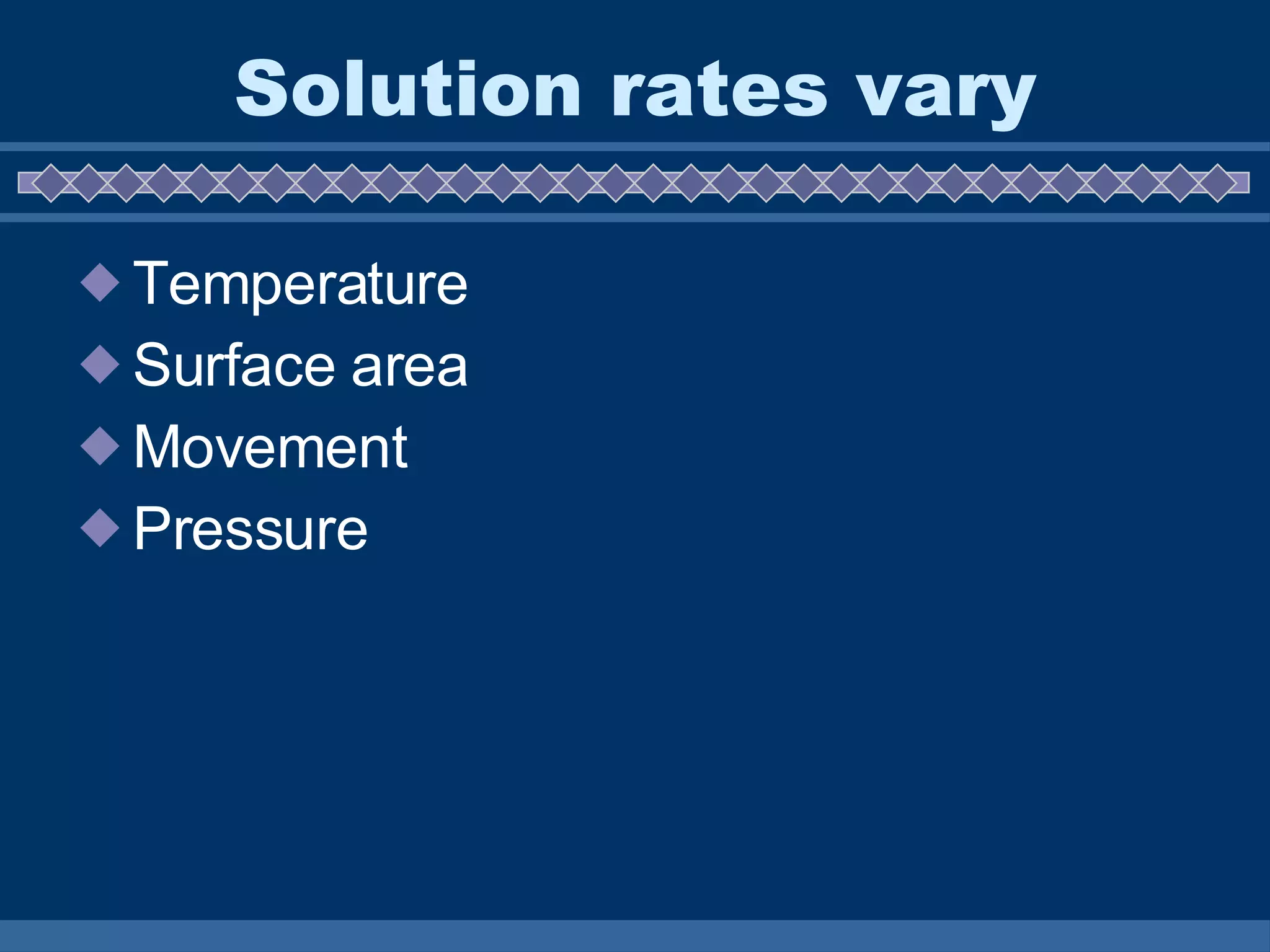 Solution rates vary Temperature Surface area Movement Pressure  