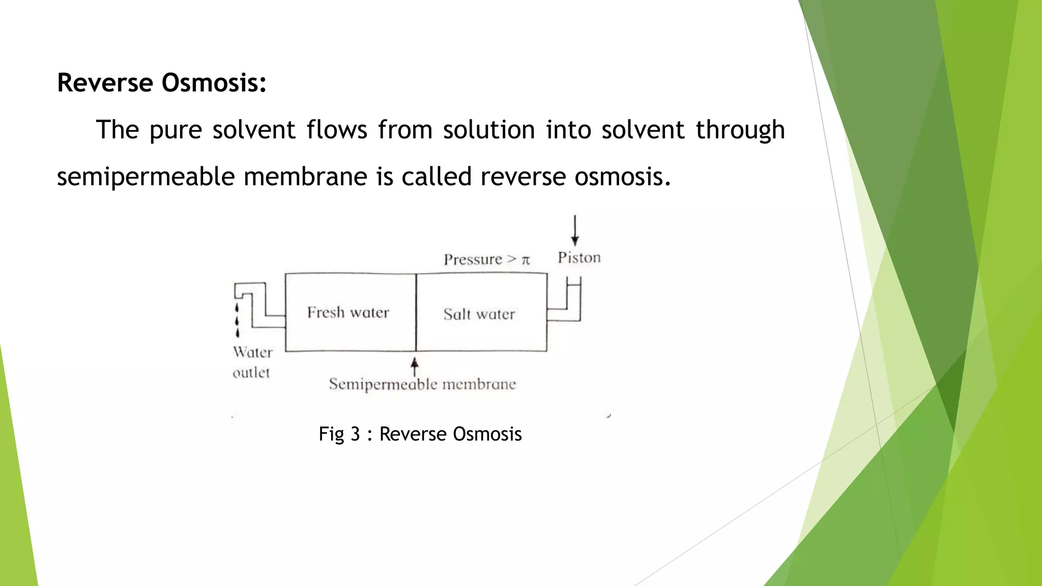 Reverse Osmosis:
The pure solvent flows from solution into solvent through
semipermeable membrane is called reverse osmosis.
Fig 3 : Reverse Osmosis
 