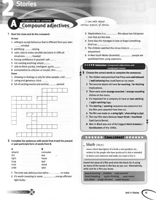 Readthecluesanddothecrossword.
Across
1 willingtoacceptbehaviourthatisdifferentfromyourown:
--minded
2 petrifying:--raising
3 calm,abletomakesensibledecisionsindifficult
situations:--headed
4 havingconfidenceinyourself:self--
5 notcarryinganything:empty--
7 abletothinkquickly,inteltigent:quick--
8 oversensitiveto criticismorinsults:thin--
Down
1 showingnofeelingsorpityforotherpeople:cold--
2 caringandgenerous:kind--
5 fullofexcitingeventsandactivity:--packed
CompletethesentenceswithwordsfromAandthepresent
orpastparticipleformofwordsfromB.
Stepbrothersisa- filmabouttwofull-grown
menthatactlikekids.
Everydayshemanagesto loseorforgetsomething.
She'sso
Thechildrenwatchedthecircustricksin
amazement.
InNewSouthWales(Australia) peopleare
prohibitedfromusingsolariums.
A
absent
fair
tight
rong
time
wide
Sompoundadjective
B
consume
eye
heart
last
mind
skin
I cavLtalk aboat
varLow aspectsof storLes.
1 Thetortewasdeliciousbutrather- to make.
2 lt'sworthinvestinginsome energy-efficient
lightbulbs.
Choosethecorrectwordsto comptetethesentences.
1 Thechildrenwerepromisedthatiftheywerewell-behaved
/ welt-behavingtheycouldhaveanicecream.
2 Theterroristattackwillhavefar-reaching/ far-fetching
implications.
3 Thereweresomestrange-sounded/ strange-sounding
dishesonthemenu.
4 lt'simportantfora companyto haveaneye-catching
/ sight-catchinglogo.
5 Thestarting/ openingsequencewasawesomebut
thefilmwentdownhillfromthenon.
6 Thefilmwasmadeonastdngtight/ shoe-stringbudget.
7 ThenewfilmstarsMexicanheart-throb/ heartbeat
GaelGarciaBerna[.
8 Menin Blackwasoneofthebiggestblockbreakers/
blockbustersofthe1990s.
-
blurb [bb:b]
noun a shortdescription ofa book, a new product, etc.,
written by the peoplewho haveproduced it, that is intended
to attract your attention and make you want to buy it
Inventthestoryofa filmandwritetheblurbforit using
asmanyofthewordsintheboxasyoucan.Alternatively,
writeoneforafilmyouknow.
Unit2r Stories
 