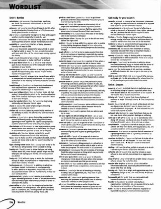 Unit 5 Baftles
admlnlsterv ied'mrnrsta(r)/to givedrugs,medicine,
etc.to sb Thedosewasadministeredto thechild
introvenously.
adance v /ad'vo:ns/to moveforwardtowardssb/sth, often
inorderto attackorthreatenthemor itThetroopswere
finollygiventheorderto advance.
ally n /'elal a countrythathasagreedto helpandsupport
anothercountryespecialtyin caseof a war
altrulsmn /'eltruzenv the factof caringaboutthe needs
andhappinessof otherpeoplemorethanyourown
amlabllltyn /,ermia'brloti/the factof beingpleasant,
friendlyandeasyto llke
am y /o:ry to provideweaponsforyourself/sbin order
to fight a battleor a war Themenarmedthemselves
withgunsandrifles.a Thecountrywosormingogoinst
theenemy.
barbn /bo:b/the pointof anarrowora hookthatis
curvedbackwardsto nake it difficultto pull out
be in yourbloodidiom/bi rn jo 'bhd/ to bea natural
partofyourcharacterandof the characterof other
membersof yourfamily
besidesprep/br'sard/ in additionto sb/sth; apartfrom
sblsth Besideswo*ing asa doctor,he olsowrites
novelsin hissparetime.
bombshelln /'bomJeyan eventor a pleceof newswhlch
is unexpectedand usuatlyunpleasantShedroppeda
bombshellot themeetingandannouncedthotshewos
leoving.
breakthrouglrn /'brerk0ru:/an importantdevelopment
thatmayleadto anagreementor achievemento
significantbreakthrough in negotiations
bumyourbrldgesidiom/,bs:n ja'b:nd5tzJto do sth that
makesit impossibleto returnto the previoussituation
laterThinkcarefullybeforeyouresign-you don't wont
to butnyourbridges.
burythe hatchetidiom/,beri 6e 'hetjIU to stop being
unfriendlyandbecomefriendsagain
cham n /tJo:rn/the powerof pleasingor attracting
peopleo manof greatchotm
clvlllanadi/sa'vrlian/(abouta person)nota memberof
the militaryor policeHeleftthearmyandreturnedto
civilian life.
coalltlonn /,kgua'hJn/a groupformedby peoplefrom
severaldifferentgroups,especiallypoliticalones,
agreeingto worktogetherfor a particularpurposeo
coolitionof environmentolondconsumergroups
dlscdminatev /dr'skrrmmer,to treatonepersonor group
worse/betterthan anotherin an unlafuwaylt is illegal
to discriminoteon groundsof roce,sexor religion.
doubtlessadvi 'dautlas/almostcertainlyHewould
doubtlessdisopproveof whotKellywasdoing.
h.zevlferzJto makeyoufeelconfusedor shocked,sothat
youdo not knowwhatto do Shewosn'tfazedby his
comments.
f,gtt a loslngbattleidlom/fart o ,lu:zrrj'b@tvto try to do
sththatyouwill probablyneversucceedin doing
franklyadv/'fra1klil usedto showthat youarebeing
honestaboutsth,eyenthoughpeoplemightnot like
whatyouare saylnrQuitefronkly,I'm notsurpised
youfailed.
freelyadv/'fri:Iil withouttryingto avoidthe truth even
thoughit might be unpleasantor embaftassingI freely
odmitthatI madea mistoke.
furthemole adv/.fe:6a'mc(r)/in additionto what has
iustbeenstated.Furthermoreis usedespecially
to adda pointto anargument.Hesaidhehodnot
discussedthemotterwithher.Furthermore,he hodnot
evencontacteclher,
gtadlatodaladi/,gladia'tc:riol/relatingto or similarto
fightsbetweengladiators(- menin ancientRomewho
weretrainedto fightothermenor animalsln orderto
entertainthe public)
glasscelllngn /,glo:s'siilr1/the imaginarybarrierthat
stopswomen,or othergroups,fromgeftingthe best
iobsin a company,etc.althoughtherearenoofficial
rulesto preventthemfromgettingtheseiobs
tllnd to a halt idiom/,gramdtu a 'hc:ltl to goslower
graduallyandthenstopcompletelyProductionground
to a haltduringthe strike.
heatedadi/'hi:trd/(ofa personor discussion)full of
angerandexcitemento heotedorgumentldebate
insurgentn /m'sa:dgant/a personfighting againstthe
governmentor armedforcesof theirowncountry
invulnerabllltyn /n,vrlnera'brlati/the stateof not being
ableto be harmedor defeated
iumpthegunidiom/,d3mp 6a'gnn/to do sthtoo soon,
beforethe righttime
iunklen /'d3n9ki/a drugaddict(= a personwhois unable
to stoptakingdangerousdrugs)He'son adrenaline
junkie(- hecannotstopdoingdangerousbutexciting
things).
laugtroff phrv /,lo:fDf/ to try to makepeoplethink that
sth is notseriousor important,especiallybymaking
a iokeaboutit Heloughedoffsuggestionsthathe wos
going to resign.
maternityleaven /ma'B:netili:v/ a periodof time whena
womantemporarilyleavesheriobto havea baby
moreoveradv /mc:r'auve(r)/usedto introducesomenew
informationthataddsto or supportswhatyouhave
said previouslyAtolentedartist,he was,moreover,a
wiltet ofsomenote.
openupoldwoundsidiom/,aupannp auld'wu:ndzlto
remlndsbof sth unpleasantthathappenedor erlsted
in the past
posftfveactlonn I,pozerN'akJrvthe practiceor policy
of makingsurethata particularnumberof iobs,etc.
aregivento peoplefromtroups that areoftentreated
unfairlybecauseof their race,sex,etc.
pronouncev /pra'nauns/to sayorgivesthformally,officlally
or publiclyThejudgewillpronouncesentencetoday.a
Shewospronounceddeadonaniwl otthehospitol,
prwoke v /pra'vauk/to causea particularreactionor
havea particulareflectTheannouncementprovokedo
stormofprotest.
reinforcementsn /,ri:rn'fr:smentyextrasoldiersor police
officerswho aresentto a placebecausemoreare
neededto send in reinforcements
rolemodeln /'raul modVa personthatyouadmireand
try to copy
setyourslghtson sth/on dolngsth idiom /,setje 'sarts
Dn/to decidethatyouwantsthandto tryveryhardto
get it Shesethersightsongoing to Yale.
shakesth (off)v /'JeIk Dflto get rid of sthI can'tseemto
shokeoffthis cold.a Hecouldn'tshokethefeelingthot
therewassomethingwrong.
showmann /'Jouman/a personwho doesthings in an
entertainingwayandis goodat gettingpeople's
attention
sparksth (off)v /'spo:k ofl to causesth to startor
develop,especiallysuddenlyTheriotsweresparked
off bytheorrcstof o locolleoder.
stalematen /'sterlmerila disagreementor a situationin
a comDetltionin whichneithersidels ableto wlnor
makeanyprogressThetolk endedin (o)stabmate.
Ster€otyplngn/'steriotapry/theactor processof forminga
fixedideaabouta pe6onorthing whichmaynotreally
be truerociolI sexuolstereotyping
stlckto yourgunsidiom/,strkta je'gmzl to refuseto
changeyourmindaboutsthevenwhenotherpeople
aretryingto persuadeyouthatyouarewrong
to bootidiom/te 'bu:t/ usedto adda commentto sth that
you havesaidHewaso vegetorian,ando fussyone
to boot,
violatlonn /,vara'lerJn/the actof breakingor refusing
to obeya law,anagreement,etc.Theywerein open
violotionof the treaty.
voyeurlstlcadi/,vwaro'nstrk/gettingpleasurefrom
watchingthe problemsandprivatelivesof otherso
voyeuristicinterestin otherpeople'slives
wlt n /wrVthe abilityto sayor writethingsthatare
bothcleverand amusingo womanofgreatwitand
intelligencet) to hovea quick/shorp/dry/reodywit
Getreadyforyourexam5
amendv /e'mend./to changea law,document,statemenL
etc.stightlyin orderto correcta mistakeorto impron
it Heoskedto seetheamendedversion.
encrcachmentn An'kreutJmonVthe actof affectingor
usinguptoo muchof a person'stime,rights,personal
life, etc.;actionsthat do this theregime'smony
encroochmentson humonrights
ftlctlonn /'fnkJr/ disagreementora lackof friendship
amongpeoplewho havedifferentopinionsaboutsth
conflictsandfrictionsthathovestillto be resolved
lnhlbltv An'hrblVto preventsthfromhappeningorto
makelt happenlesseffectivelythan before
momentousadl/ma'mentayveryimportantor serious,
especiallybecausetheremaybeimportantresultso
momentousdecisionIeventloccasion
remedyn /'remedi/a wayof dealingwith or improving
an unpleasantor difficultsituationThereis nosimple
remedyfor unemployment.
roadnge n I'nud re;.d3la situationin whicha driver
becomesextremelyangryorviotentwiththe driverof
anothercarbecauseof the waytheyaredriving
rcotn /ru:t/the maincauseof sth,suchasa problem
or difficult situationWehavetoget to thercot of the
Droblem,
stlcklnyourmlndldlom/strkrnjo 'marnd/(ofa memory,
an image,etc.)to be rememberedfora longtimeOne
of hispointingsin particularstick in mymind.
Unit6 Dreams
assurev /a'Jua(r)/to tell sbthat sth is definitelytrue or
is definitelygoingto happen,especiallywhenthey
havedoubtsaboutit Weassurcdhim of oursuppott.a
'He'llcomebock' Susanossuredher.
bitterlyadv/'brtoli/in a waythat showsfeelingsof
sadnessor angerSheweptbitterly.a Theycomploinec
bitterly.
boastv /baust/to talkwithtoo muchprideaboutsththat
youhaveor cando I don'twanttoboost,butI can
actuallyspeoksk languoges.a Somboastedthat she
couldbeatonyoneotpoker,
callouslyadv/'kelesliiin a waythatshowsthatyoudo
notcareaboutotherpeople'sfeelingsor suffering
catchuponsth phrv /,ketJ'^p on/to spendextratime
doingsth becauseyou havenot doneit earlierI havec
lot of work to catchup on. a to cotchup on sleep
compllmentv /'komplmenUto tell sbthat you likeor
admiiesththeyhavedone,theirappearance,etc.she
complimentedhim on hisexcellentGerman.
consensusn /kan'senseVanoDinionthatall membersof
a groupagreewith Thereis a growingconsensusof
opinionon thisissue.
counton sb/sth phrv /'kaunt Dn/to trust sbto do sth or
to besurethatsthwilthappen'l'msurehe'llhelp.'
'Don'tcounton it,' ) Wecan'tcounton thiswotm
weotherlosting.
decllnev /dr'klan/ to refusepolitelyto acceptorto do sth
I offeredtogivethemo lifrbuttheydeclined.
deflantlyadv/dr'farantli/in a waythat showsan open
refusalto obeysb/sth,sometimesin anaggressive
way
dropoff phrv /,drop'of/to fall into a light sleep/ dropped
offandnissed theendof thefilm.
enquireaftersb phrv /m'kwararofta(r)/ to askfor
informationaboutsb,especialtyabouttheirhealthor
aboutwhattheyaredoing
flercelyadv/'frasli,/in an angryandaggressivewaythat is
f.fghtening'Letgo of me,' shesaidfiercely.I fiercely
competitive
foreseeableadi/fr:'si:abVthat youcanpredictwill
hagpenforeseeobleriskl consequences
foundern /'faonde(r)/a personwho startsan
organisation,institution,etc.orcausessthto be buitt
thefounderondpresidentof thecompony
fulfil v /ful'frVto do or achievewhatwashopedfor or
expectedtofulfil yourdreomIombitionIpotential
Wordlist
 