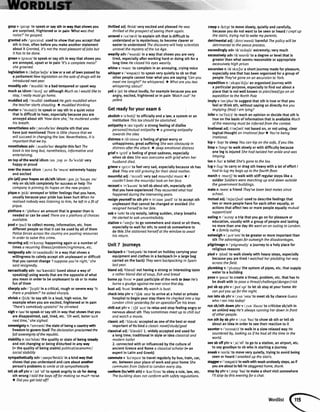 gaspv lgo:sp,to speakor saysth in rry that showsyou
are surprised,frightenedor in pain Whot wosthot
noise?'hegosped.
grantedadv/'gro:ntrd usedto showthat you acceptthat
sth is true,oftenbeforeyoumakeanotherstatement
aboutit Granted,it'snot themostpleasontofiobs but
it hasto be done.
troan v /graun/to speakor saysth in waythat showsyou
areannoyed,upsetor in pain'lt's o completemess!'
shegrooned,
leglslatlonn /,led3s'lerJn/a lawor a set of lawspassedby
a parliament/Vewlegislationon thesoleof drugswill be
introducednextyear.
moodllyadv /'mu:drli/in a bad-temperedor upsetway
muchasidiom /'mrtj e/ althoughMuchas lwould liketo
stay,I reallymustgo home.
muddledadf /'m,rdld/confusedHegets muddledwhen
the teacherstartsshouting.O muddledthinking
mutterv /'m^ta(r)/ to speakor saysth in a quietvoice
that is difficultto hear,especiallybecauseyouare
annoyedabout sth 'Howdareshe,' he mufteredunder
hisbreoth.
nwerthelessadv/,neve6a'les/despitesth that you
haveiust mentionedThereis littlechdncethat we
will succeedin chongingthe low.Nevertheless,it is
importantthatwe try.
nonethelessadv /,nnn6e'les/despitethis fact Ihe
bookis too long but, nonetheless,informativeond
entertaining.
on top of the world idiom /on ,top av 6s-wa:ld./very
happyor proud
overthe moonidiom/,ouva6a'mu:n/extremetyhappy
andexcited
pln(alt)yourhopeson sb/sthidiom/,prnjc:'haupson/
relyon sb/sthcompletelyfor successor helpIhe
componyis pinning itshopeson the newproiect.
piquen /pi:ldannoyedor bitterfeelingsthatyouhave,
usuallybecauseyourpridehasbeenhurt Whenhe
realisednobodywaslisteningto hin, he left in a fit of
ptque.
plethon n /'ple0arc/an amountthat is greaterthanis
neededor canbe usedThereoreo plethoroof choices
ovoiloble.
poolv /pu:Vto collectmoney,information,etc.from
differentpeopleso that it canbe usedbyall of them
Policeforcesocrossthe countryarepooling resources
in ordet to solvethis crime.
recuningadi/n'ks:ng/happeningagainor a numberof
timeso recuffingillnesslproblemlnightmore, etc.
reslgnedlyadv/rr'zamdnrdli/in a rvaythat showsa
willingnessto calmlyacceptsth unpleasantor difficult
thatyoucannotchange'lsupposeyou'reright,'she
said resignedly.
sercastlcallyadv /so:'kestrklil(usedabouta wayof
speaking)usint wordsthatarethe oppositeof what
you meanin orderto be unpleasantto sb or to make
fun ofthem
sharplyadv/'Jo:pli/ ln a critical,roughor severeway '/s
therea problem?'he oskedshorply.
shriekv /Jri:lJ to saysth in a loud, hitfi voice,for
examplewhenyou areexcited,frigfitenedor in pain
'Therc'ssomebodyupstairs!'heshrieked.
slgh v /sar/to speakor saysth in waythat showsthat you
aredisappointed,sad,tired, etc.'Oh well,benerluck
nexttime,' shesighed.
soyeElgnty n /'sDvrentilthe stateof beinga countrywith
freedomto govem itselt Thedeclarotionprxloimed the
fullsovereigntyofthe republic.
stablllty n /sta'brlsti/the quality or stateof b€ingstcady
andnot changingor beingdisturbedin anyrry
(= the quality of beingstable)polificolleconomicl
socialstobility
sympatheticallyadv/,srnpe'0etrkl7in a kind rry that
showsthatyou understandandcareabut andr€r
person'sproblemsto smileotsbsympotheticoly
tell sb off phr v /,tel 'Df/to speakan$ily to sb for d<ing
sth wrong/ told fhe boysofffor makingso mud ^ose.
e Didyouget told offt
thdlled adi /0nld/ veryexcitedand pleasedHewos
thrilledot theprospectof seeingthemogain.
unravelv /^n'r@vUto explainsth that is difficutt to
understandor is mysterious;to becomecleareror
easierto understandThediscoverywill help scientists
unravelthe mysteryof the lceAge.
wearllyadv/'wrerali/in a waythat showsyou arevery
tired,especiallyafterworkinghardor doingsthfor a
long time Heclosedhis eyeswearily.
whlnev /warn/to complainin an annoying,cryingvoice
whlsperv /'wrspe(r)ito speakveryquietlyto sb sothat
otherpeoplecannothearwhatyouaresaying'Canyou
meetme tonight?'he whispered.a Whotareyou two
whisperingabout?
yellv dellto shoutloudly,for examplebecauseyouare
angry,excited,frightenedor in pain 'Wotchout!'he
yelled.
Getreadyforyourexam6
abollshv /a'bohfl to officiallyenda [aw,a systemor an
institution Thistaxshouldbe abolished.
antipathyn /en'trpeoila strongfeelingof diglike
personallmutuolontipathya o gtowing antipothy
towardsthe idea
distressn /dr'stress/a feeling_of€featworry or
unhappiness;greatsuffering5he wosobviouslyin
distressafterthe ottock.t| deepemotionaldistress
griefn /gri:f/a feelingof greatsadness,especially
whensb dies Shewasovercomewithgrief whenher
husbonddied.
grlwe v /gri:v/to feelverysad,especiallybecausesb has
died Theyore stillgrievingfor theirdeodmother.
moumfuladj /'mc:nfu verysadmournfulmusictl I
couldn'tbearthe mournfullookon herface.
rccountv ln'kaunrl to tell sbaboutsth,especiallysth
thatyouhaveexperiencedTheyrecountedwhathad
hoppenedduring the interveningyeors.
reslgnyourselfto sth phr v /rr'zarnjaself t./ to acceptsth
unpleasantthatcannotbe changedor avoidedShe
resignedheBelf to herfate.
sobv /sDb/to crynoisily,takingsudden,sharpbreaths
Hestartedto sob uncontrollobly.
statlonv /'sterJr/to go somewhereandstandor sit there,
especiallyto waitfor sth;to sendsb somewhereto
do this Shestofionedherselfot the windowto owoit
hisreturn.
Unlt7 fourneys
backpackv i 'bekpeld to traveIon holidaycarryingyour
equipmentandclothesin a backpack(= a largebag
carriedon the back)Theywentbockpackingin Spoin
lostyeor.
blandadj /blend/ not havinga strongor interestingtaste
o ratherbland diet of soup, fishond bread
bome pp /bc:n/= past participleof the verbto bearHe's
borneo grudge againstme eversincethatdoy.
bustadi /bnst/brokenMy wotchis bust.
checkinto phr v /'tJek mte/to arriveat a hotel or private
hospitalto beginyour staythere Hecheckedinto a top
Londonclinicyesterdayfor on operotiotlon his knee.
chillout phrv /,tJrl'aut/to relaxandstopfeelingangryor
nervousabout sth Theysometimesmeetup to chill out
ond watcho movie.
classicadi /'klasrk/acceptedasoneof the bestor most
importantof its kind a clossicnovellstudylgoal
classicatadi /'klesrkV 1. widely acceptedand usedfor
a longtime;traditionalin styleor ideaclassicoland
modernballet
2. connectedwith or influencedbythe cultureof
ancientGreeceandRomeo classicalscholor(= an
erpertin LatinandGreek)
commutev ka'mju:Vto tlavel regularlyby bus,train, car,
etc.betweenyourplaceof workandyourhomeShe
commutesfrom Oxfordto Londoneveryday.
oofom (to/with sth) v /kan'fc:m/to obeya rule, law,etc.
fhe building doesnot conformwith sofetyregulations.
cre€pv /kri:p/ to moveslowly,quietly and carefully,
becauseyou do not want to be seenor heardI creptup
the stairs,trying not to wakemyporcnts.
detdmentaladi /,detrr'mentVharmful Thepolicy will be
detrimentalto thepeoceprocess.
exceedinglyadv/rk'si:dr4li/extremely;very much
excesslvelyadv/rk'sesrvli/to a degreeor levelthat is
greaterthanwhatseemsreasonableor approptiate
estcessiveIy high prices
excursionn irk'ska:Jn/a short iourneymadefor pleasure,
especiallyonethat hasbeenorganisedfor a groupof
peopleThey'vegone on on arcusion to York,
eryedltlon n /,ekspa'drJn/an organisediourneywith
a particularpurpose,especiallyto find out abouta
placethat is not well known to planI leadlgo on on
erpedition to the North Pole
lmply v hm'plar/to suggestthat sth is true or that you
feel or think sth, without sayingso dircctlyAreyou
implying (thot)lom lying?
Inferv hn'fs(r)/ to reachan oplnionor decidethat sth is
trueon the basisof informationthat is availableMuch
ofthe meaningmustbe inferredfrom the context.
lrntlonal adi/r'reJanVnot basedon,or not uslng,clear
logicalthought an irrationalfear ) You'rcbeing
irrctiondl.
kip v /krp/ to sleepYouconkip on thesofa,if you like.
llmp v /hmp/ to walk slowlyor with difficulty because
one ieg ls iniwed Shehod twistedherankleand wos
limping.
loo n nu:/ a toilet She'sgone to the loo.
lug v /l^g/ to carryor drag sth heavywith a lot of effort /
had to lug mybogsup to thefourlh floor.
marchv /mo:tfl to walk with stiff regularstepslike a
soldierSoldiersweremarchingup and downoutside
the governmentbuildings.
maten /men/a friend They'vebeenbestmatessince
school.
mutualadi/'mju:tJueVusedto describefeelingsthat
two or morepeoplehavefor eachother equally,or
actionsthataffecttwo or morepeopleequallymutual
supportlaid
outlng n /'autrrj/ a trip that you go on for pleasureor
education,usuallywith a groupof peopleandlasting
no morethan onedaywe wenton an outing to London,
a a fomily outing
outweigftv /,aut'we/ to be greateror moreimportantthan
sth Theadvontogesfor outweigh the disadvantages.
pilgimage n /'prlgnmrdg/a iourneyto a holy placefor
religiousreasons
plod v /plDd/to walk slowlywith heavysteps,especially
becauseyou arctircd I wotchedherplodding her woy
ocrossthe field.
plumbingn /'phmrD/the systemof pipes,etc.thatsupply
waterto a building
posev /peuzlto createa threat, problem,etc,that hasto
be dealt with to posea threotlchollengeldongerlrisk
putsb up phrv /,put'^p/to letsb stayat yourhomeWe
conput you up for the night.
runlntosb phrv /,r^n 'nto/ to meetsb by chanceGuess
who I rcn into todoy!
runsb/sthdownphrv /,rnn'daun/to criticisesb/sth in
an unkindwayHe'solwaysrunningher downin front
of otherpeople.
runsth by sb phrv /,rnn'ba/ to showsb sth or tell sb
aboutan ideain orderto seetheir reactionto it
saunterv /'sr:nta(r)ito watkin a slow lelaxedwayHe
sounteredby, lookingas if he had all the timein the
world.
seesb ofi phr v /,si:'of/ to go to a station, an airport, etc.
to saygoodbyeto sb who is startinga iourney
sneakv /sni:k/to movevery quietly,trying to avoidbeing
seenor heardI sneakedup the stoirs.
stagglrv /'stega(ryto walkwithweakunsteadysteps,asif
youareaboutto fallHestaggeredhome,drunk
stop by phrv /,stDp'bal to makea shortvisit somewhere
l'll stopby thiseveningfor a chat.
Wordlist
 