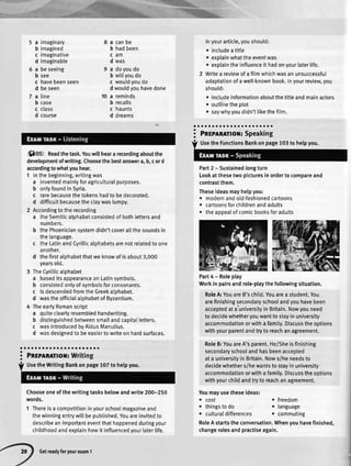 16)05 Readthetask.Youwitlheararecordingaboutthe
developmentofwriting.Choosethebestanswera,b,cord
accordingtowhatyouhear.
1 lnthebeginning,writingwas
a inventedmainlyforagriculturalpurposes.
b onlyfoundinSyria.
c rarebecausethetokenshadto bedecorated.
d difficuttbecausetheclaywaslumpy.
2 Accordingtotherecording
a theSemiticalphabetconsistedofbothlettersand
numbers.
b thePhoeniciansystemdidn'tcoverallthesoundsin
thelanguage.
c theLatinandCyrillicalphabetsarenotretatedtoone
another.
d thefirstalphabetthatweknowofisabout3.000
yearsold.
3 TheCyritticatphabet
a baseditsappearanceonLatinsymbols.
b consistedonlyofsymbotsforconsonants.
c isdescendedfromtheGreekalohabet.
d wastheofficialatphabetofByzantium.
4 TheearlyRomanscript
a quiteclearlyresembledhandwriting.
b distinguishedbetweensmallandcapitalletters.
c wasintroducedbyAtdusManutius.
d wasdesignedto beeasiertowriteonhardsurfaces.
aoaaooaaaoaaooooaaaaao
i Pnrmnmroil:Writing
Chooseoneofthewritingtasksbelowandwrite200-250
words.
1 Thereisa competitioninyourschootmagazineand
thewinningentrywillbepubtished.Youareinvitedto
describeanimportanteventthathappenedduringyour
childhoodandexplainhowit influencedyour[aterlife.
Inyourarticle,youshould:
. includeatitle
. explainwhattheeventwas
. explaintheinfluenceit hadonyourlaterlife.
2 Writea reviewofa filmwhichwasanunsuccessful
adaptationofawell-knownbook.Inyourreview,you
should:
. inctudeinformationaboutthetitleandmainactors
o outlinetheplot
. saywhyyoudidn'ttikethefitm.
aaaaaaooooaaoaaaaaaoao
3 lnrmmnoil: Speaking
Part2 - Sustainedlongturn
Lookatthesetwopicturesinordertocompareand
contrastthem.
Theseideasmayhelpyou:
. modernandold-fashionedcartoons
. cartoonsforchildrenandadults
. theappealofcomicbooksforadults
Part4-Roleplay
Workinpairsandrole-playthefollowingsituation.
RoleA:YouareB'schild.Youarea student.You
arefinishingsecondaryschoolandyouhavebeen
acceptedata'universityin Britain.Nowyouneed
to decidewhetheryouwanttostayinuniversity
accommodationorwitha family.Discusstheoptions
withyourparentandtryto reachanagreement.
RoleB:YouareA'sparent.He/Sheisfinishing
secondaryschoolandhasbeenaccepted
ata universityin Britain.Nows/heneedsto
decidewhethers/hewantsto stayinuniversity
accommodationorwithafamily.Discusstheoptions
withyourchildandtryto reachanagreement.
Youmayusetheseideas:
a imaginary
b imagined
c imaginative
d imaginable
a beseeing
b see
c havebeenseen
d beseen
a line
b case
c class
d course
a canbe
b hadbeen
cam
d was
a doyoudo
b witlyoudo
c wouldyoudo
d wouldyouhavedone
a reminds
b recalls
c haunts
d dreams
10
. cost
. thingstodo
o culturaldifferences
. freedom
. language
o commuting
RoleAstartstheconversation.Whenyouhavefinished,
changerolesandpractiseagain.
UsetheFunctionsBankonpage103to helpyou.
UsetheWritingBankonpage107to helpyou.
Getreadyforyourexam1
 