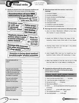 Phrasalverbs
Gonstrrrction of new DNA
laboratory to go ahead
-m-outa"at go dor'r-n
:-*itt new4gryry
Scientistscome
up with w?y r_togenerati
syntheticbtood twinbrother
tipsthemoff
to mentalarithmetic'
claimsresearch
'Elephantsclevererthan
humanswhenit comesI Plansfor
National
ID card fall
through
rGenetics to bring about medical
breakthroughs' predict scientists
1 ldentifythephrasalverbsinthenewspaperheadlinesand
writetheminthecorrectcolumnofthetablebelow.
Writethephrasalverbsfromexercise1 nexttotheir
meanings.
7
2
3
4
5
6
7
8
tocausetohappen
to notbecompleted
towarnsbaboutsomethingillegal
tofindananswer
tohappen,tobedone
tobecomeillwith
to relatetoa particularsituation
tothinkthatsbissomebodvelse
Rearrangethewordsto makesentenceswithphrasalverbs.
1 place/at/down/ Manchester/offeredla lbutlwasI
she/ turnedI itI LauralUniversity
people/are/Whitstlin lfavourI do laway/ of/the
monarchy,/ others/ some/ thinkI withI itI we lshould
meaning/keep/ never/out/ butI SetI | / my/ photos
/ round/to / sortI itI | | to
some/ boughtI AfterI new/ourI toI myselfI upI myI
boyfriend/ broke/ clothes/ off/ retationship/ l/ cheer
father/ was/ decidedI itI notI My/ over/ toI goI in/ New
York/ but/ afterI forI itI iobI offered/ a/ thinking/ he
Completetheseirtenceswiththeactive,passiveor
infinitiveformsoftheverbsintheboxandanobiect
pronounwherenecessary.
1
2
3
4
5
I don'ttrustheranymore.She's toooften.
I can'tfindtheletter.lt mighthave-.
Hewasbornand inSydney.
Thatnoiseisdifficult
She'tl- byhergrandparentswhilstherparentsare
onholiday.
Couldyou atthetrafficlights,please?
Thecompanywasforced- staff.
Howmanypeople tothegig?
4
6
7
8
Two-partverbswithno
object 7
2
Two-partverbwherethe
objectcanbecomebetween
orafterthetwoparts,but
comesbetweenthepartsif
theobiectisa pronoun
3
4
Two-partverbswhose
obiectcannotcome
betweenthetwoparts
5
6
Three-partverbswhose
objectcannotcome
betweentheparts
7
8
Unit1oBeginnings
 
