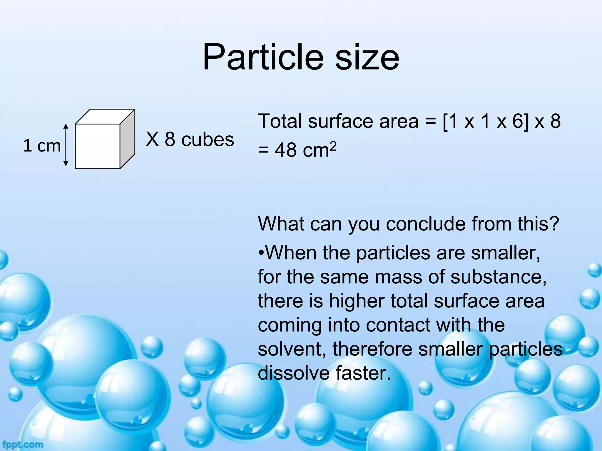 Particle size
1 cm

X 8 cubes

Total surface area = [1 x 1 x 6] x 8
= 48 cm2

What can you conclude from this?
•When the particles are smaller,
for the same mass of substance,
there is higher total surface area
coming into contact with the
solvent, therefore smaller particles
dissolve faster.

 