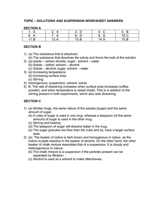 Solutions and suspension worksheet answer | PDF