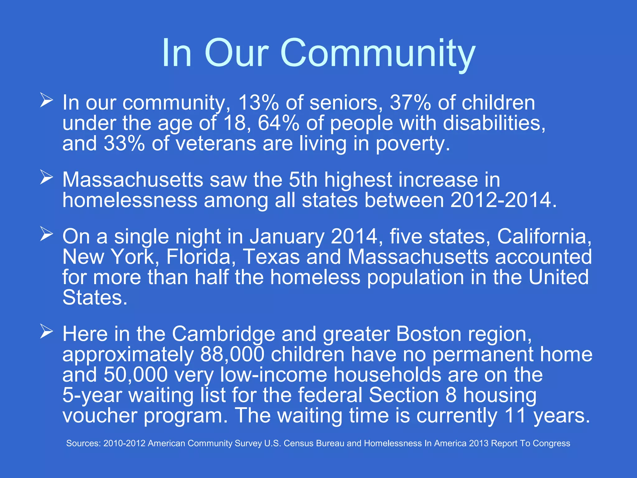 In Our Community
 In our community, 13% of seniors, 37% of children
under the age of 18, 64% of people with disabilities,
and 33% of veterans are living in poverty.
 Massachusetts saw the 5th highest increase in
homelessness among all states between 2012-2014.
 On a single night in January 2014, five states, California,
New York, Florida, Texas and Massachusetts accounted
for more than half the homeless population in the United
States.
 Here in the Cambridge and greater Boston region,
approximately 88,000 children have no permanent home
and 50,000 very low-income households are on the
5-year waiting list for the federal Section 8 housing
voucher program. The waiting time is currently 11 years.
Sources: 2010-2012 American Community Survey U.S. Census Bureau and Homelessness In America 2013 Report To Congress
 