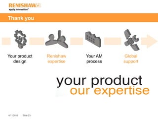 Slide 234/11/2016
• From research lab onto the factory floor
• From prototypes & tooling to series production
• From time compression to higher product performance
• From shapes to consistent, qualified parts
• From plastics to high performance alloys
• From 3D printing to an integrated production process
Your product
design
Renishaw
expertise
Your AM
process
Global
support
Thank you
 