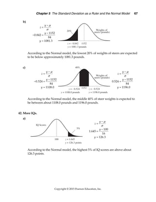 Chapter 5 The Standard Deviation as a Ruler and the Normal Model 67
Copyright © 2015 Pearson Education, Inc.
b)
According to the Normal model, the lowest 20% of weights of steers are expected
to be below approximately 1081.3 pounds.
c)
According to the Normal model, the middle 40% of steer weights is expected to
be between about 1108.0 pounds and 1196.0 pounds.
42. More IQs.
a)
According to the Normal model, the highest 5% of IQ scores are above about
126.3 points.
1152
0.842
84
1081.3
y
z
y
y





 

1152
0.524
84
1108.0
y
z
y
y





 

1152
0.524
84
1196.0
y
z
y
y







100
1.645
16
126.3
y
z
y
y







 